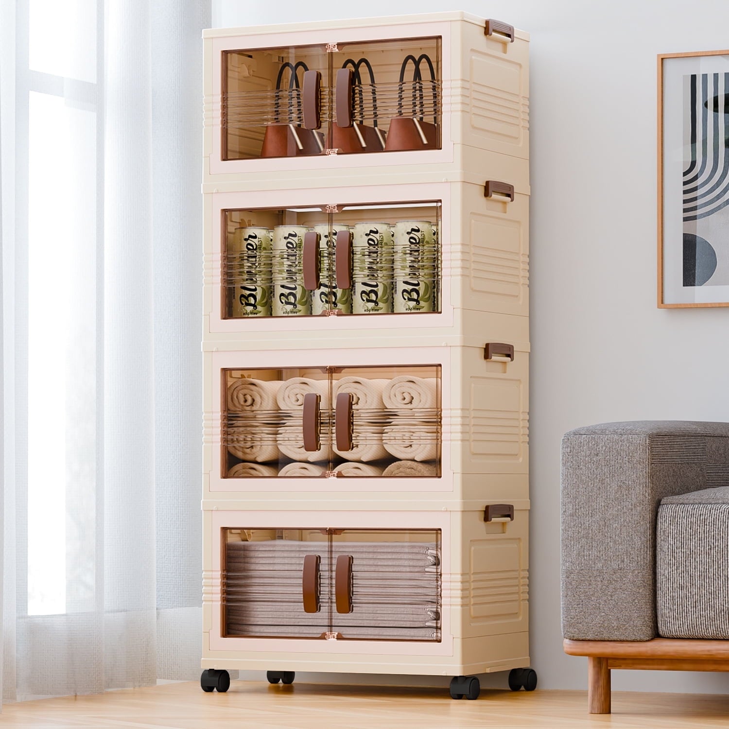 TINANA Plastic Storage Bins with Lids, 4 Tier 124QT Stackable Storage Containers with Wheels, Folding Closet Organizers for Living Room, Off