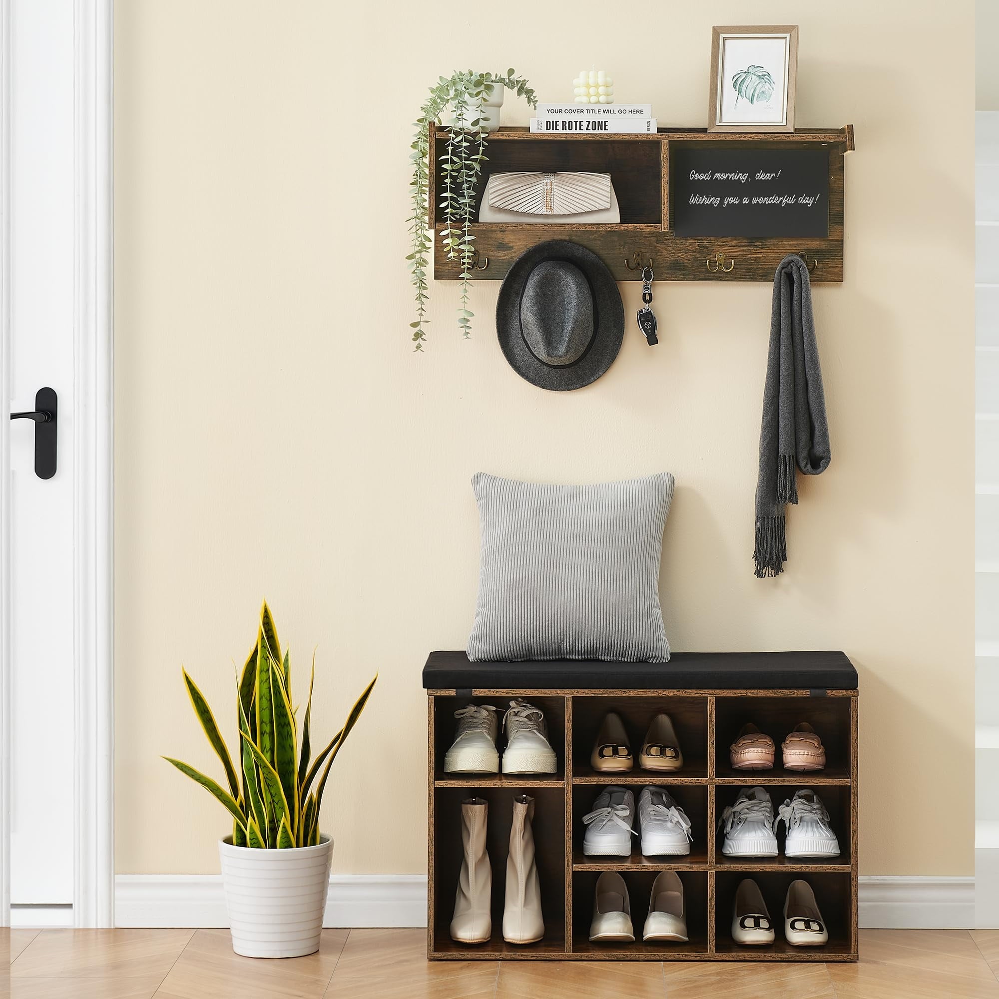 TROPOW Hall Tree Shoe Bench Industrial 6 in 1 Coat/Shoe Rack with 5 Hooks, 9 Storage Cubbies with Bookshelf and Small...