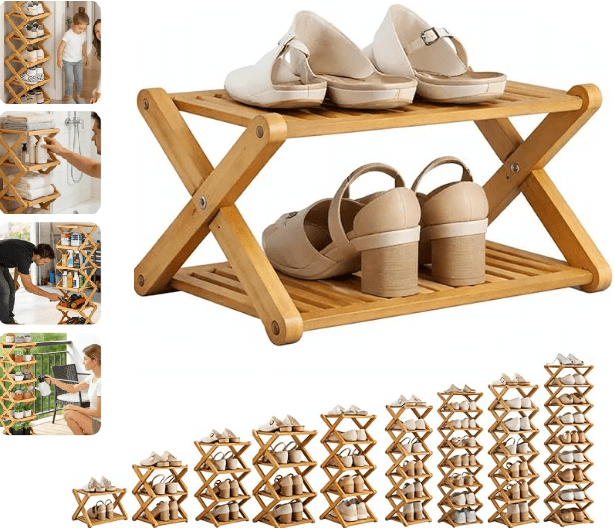 Tier No-Assembly Bamboo Rack ,2/3/4/5/6/7/8/9/10 Tier Bamboo Shoe Rack, No-Assembly Vertical Slim Shoe Storage, Colla...