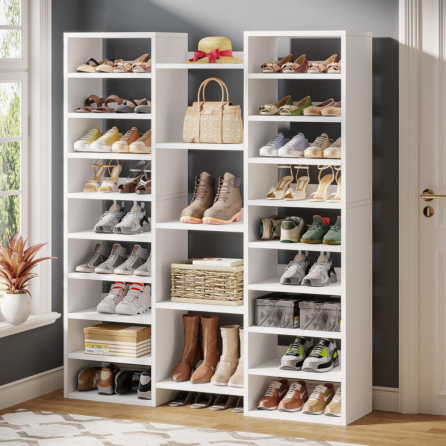 14-Tier Shoe Rack, 59 in. White Shoe Shelf with 22 Open Cubbies, 46 Pairs Wide Entryway Shoe Organizer Shoe Storage C...