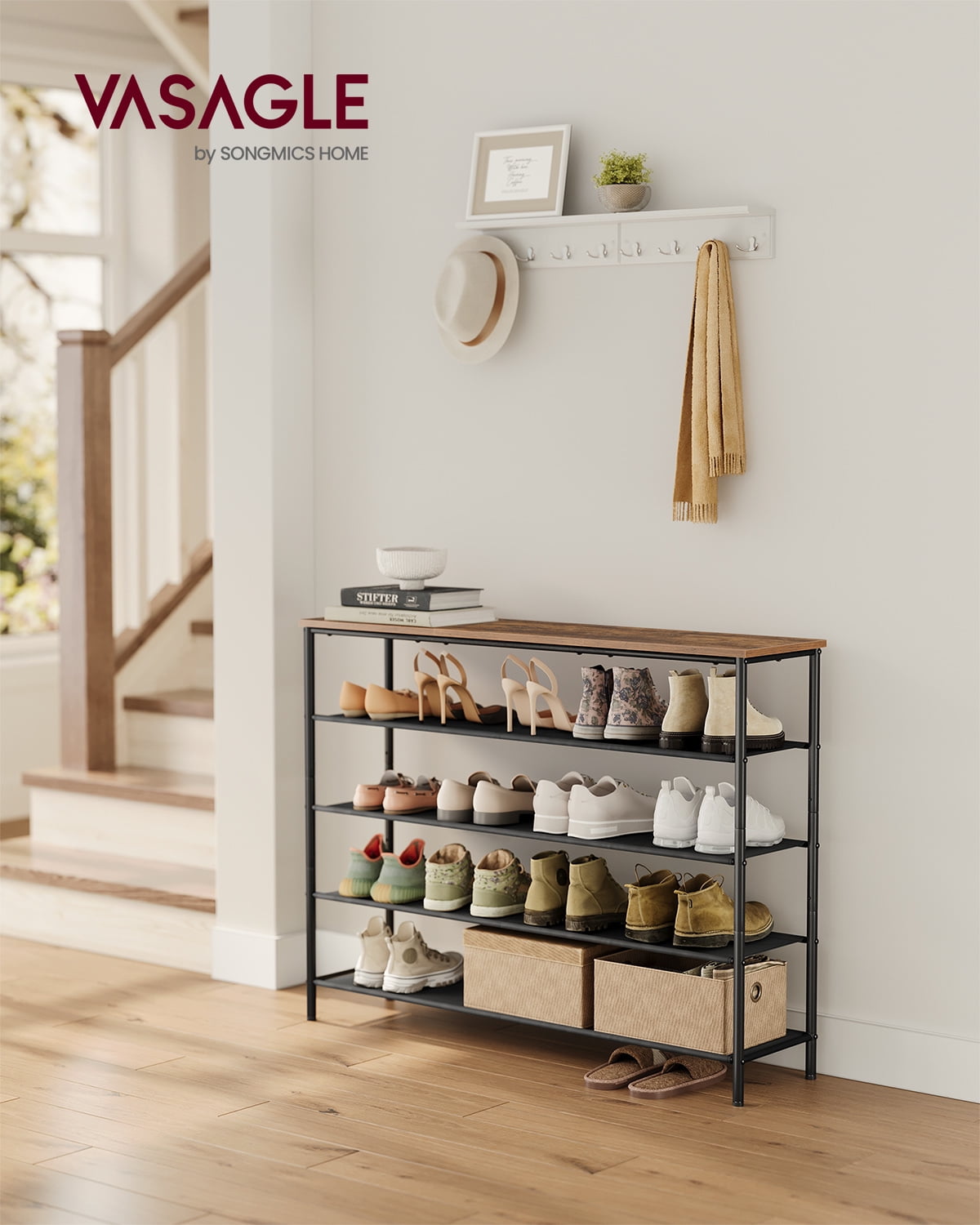 5-Tier Shoe Rack with Fabric Shelves, Industrial Shoe Organizer for Entryway, Closet or Bedroom, Holds 20-24 Pairs, A...