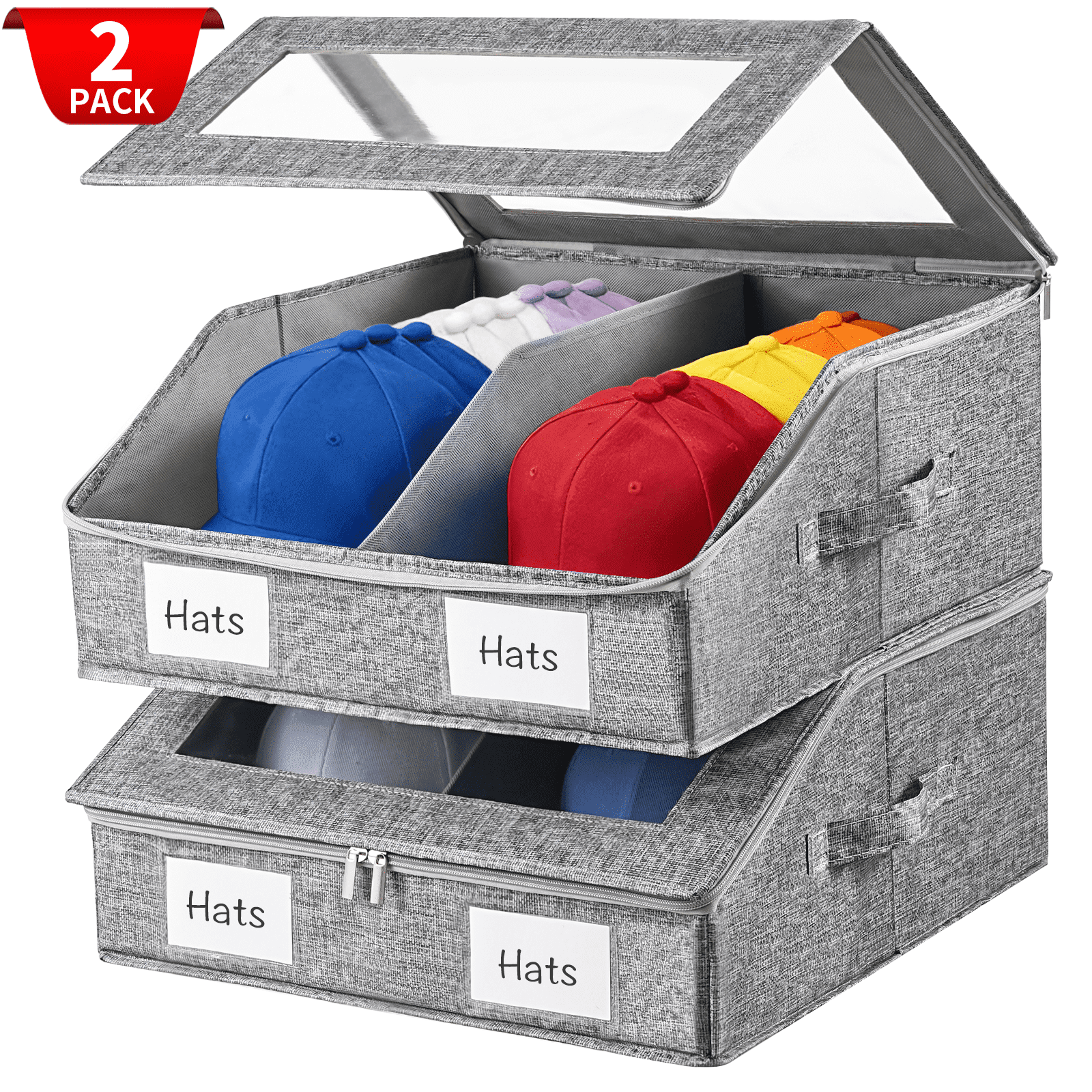 2-in-1 Hat Storage for Baseball Caps Holds 48 Caps Hat Organizer Stackable Hats Holder for Closet with Clear lid Cowb...