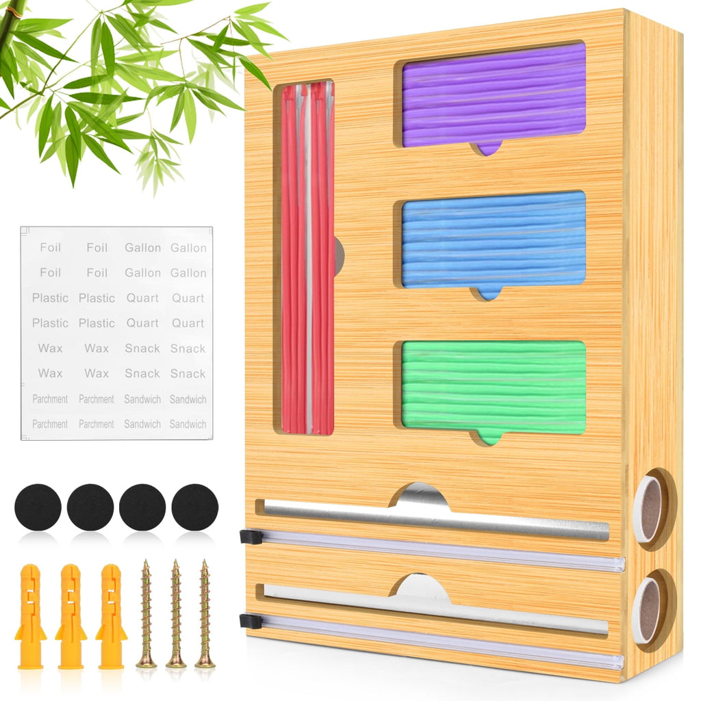 Bag Storage Organizer for Kitchen Drawer, 6 in 1 Foil and Plastic Wrap Dispenser with Cutter, Bamboo Plastic Bag Food...