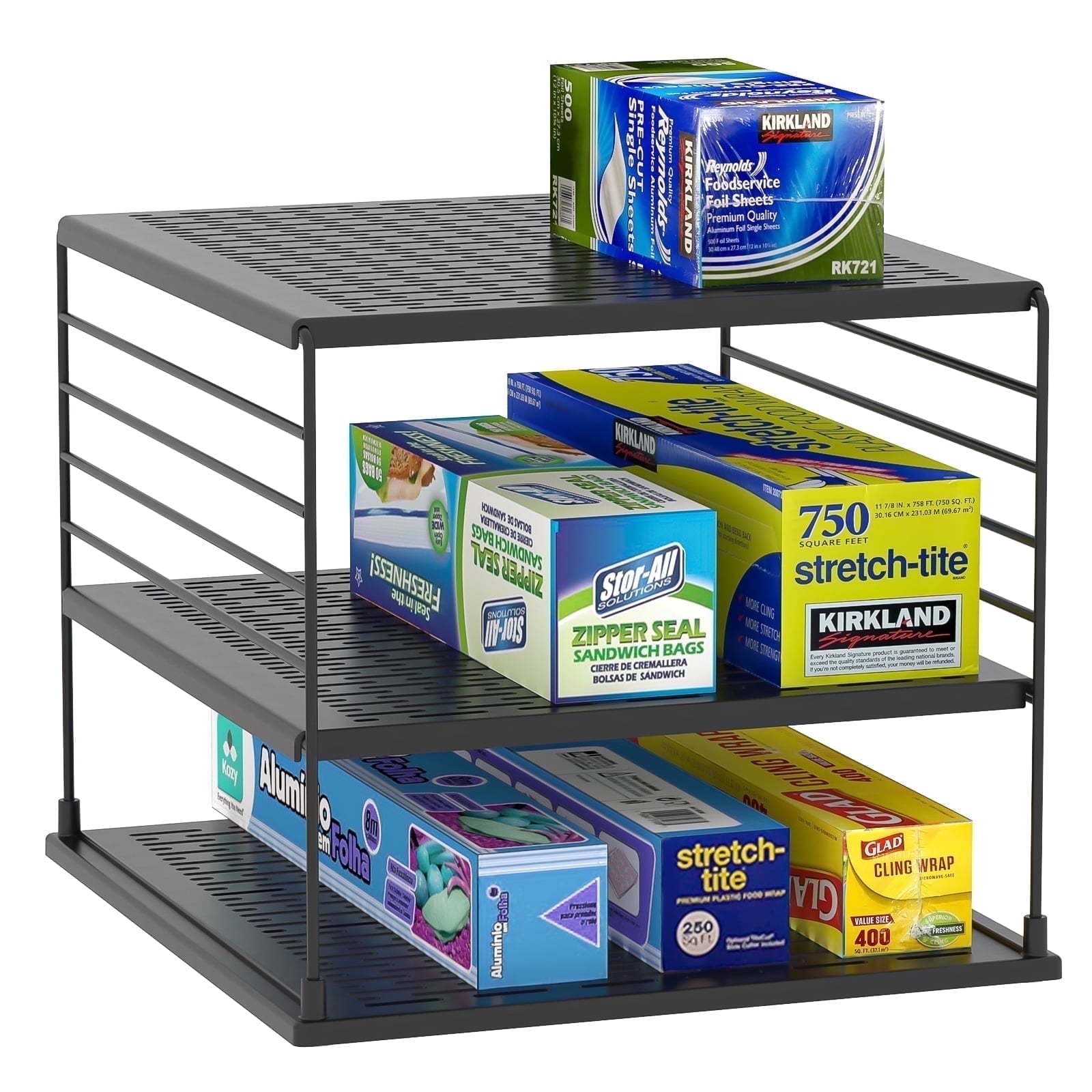 YTCYKJ Adjustable Shelf Storage , Pantry Organizer, Divided Compartment Holder for Aluminum Foil, Wraps & Baggie Boxes, Black
