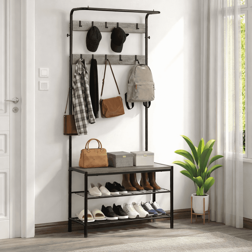 ZIVACATE Coat Rack, Hall Tree with Shoe Storage Bench, Entryway Bench with Shoe Storage, 4-in-1, Steel Frame, for Entryway, 28.35 x 13.27 x