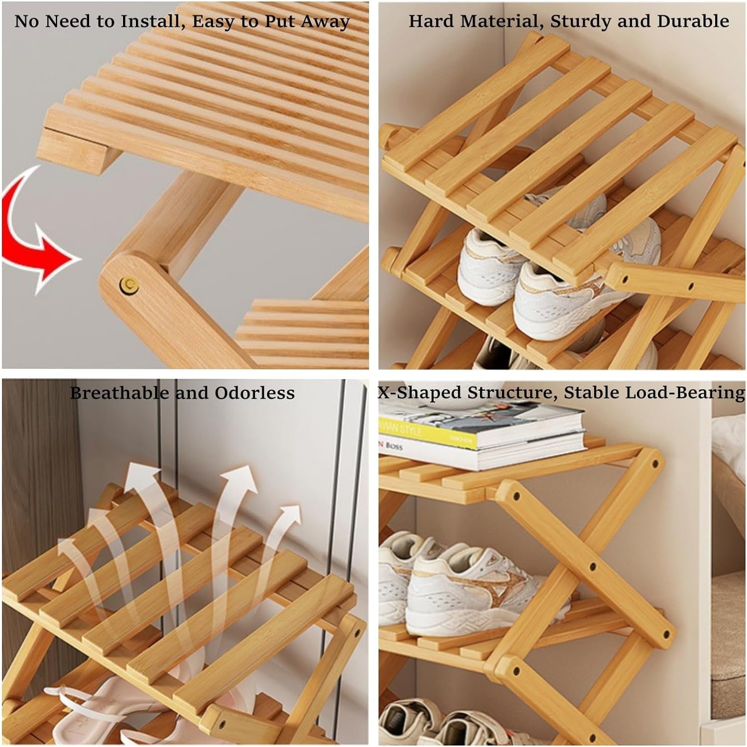 5 Layers Shoe Rack, Bamboo Foldable Shoes Organizer Free Standing Shelf for Entryway, Closet, Bedroom, Hallway, Witho... - Image 4