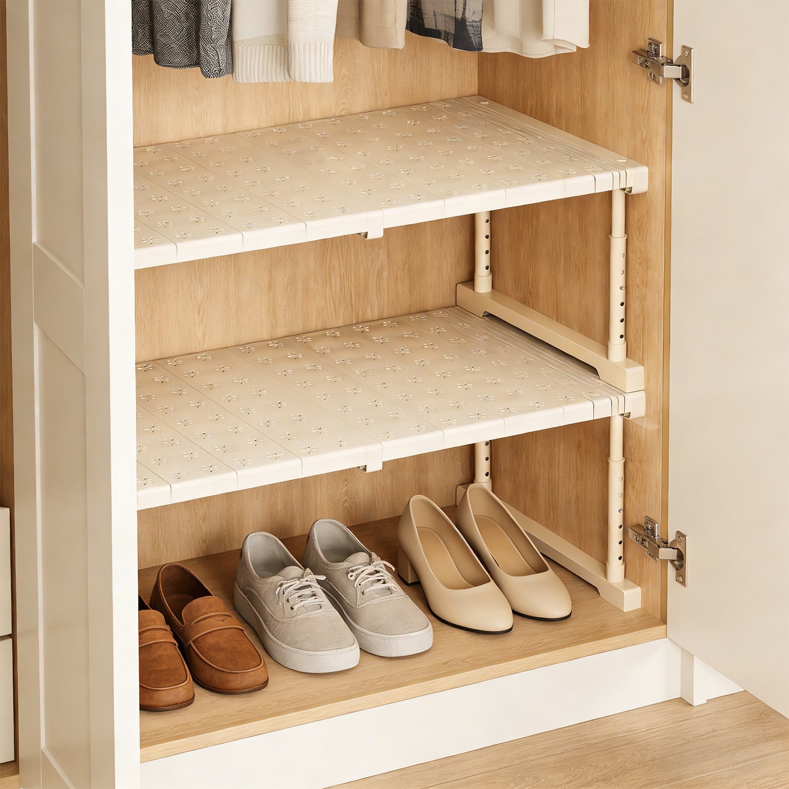 Adjustable White Plastic Mesh Storage Rack for Wardrobe and Cabinet Interior, Extendable Layered Shelving System with... - Image 5