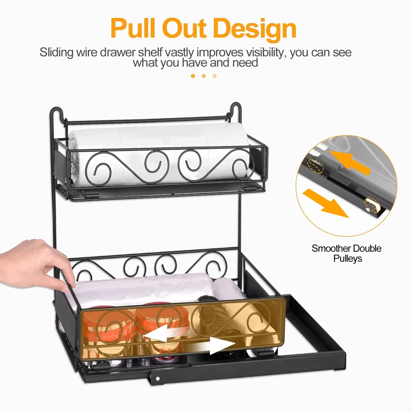 Bathroom Metal Under Sink Organizer, Kitchen Pull Out Counter Sliding Drawer Shelf, Black - Image 2