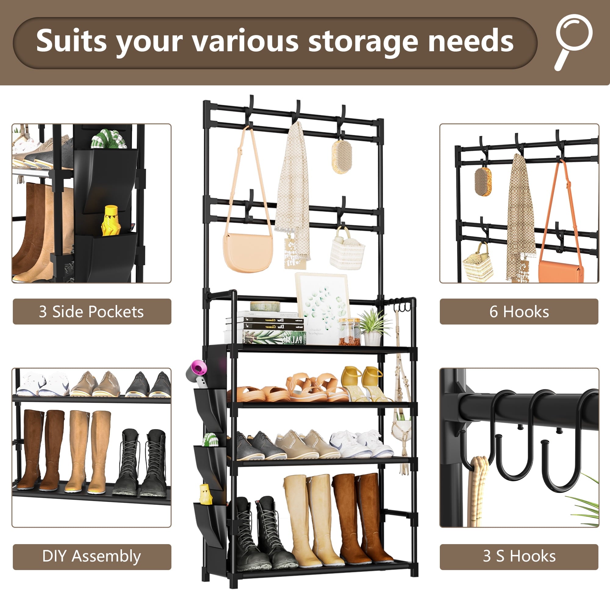 5 Rack with Hooks and Side Pocket Storage 15-20 Pairs Rack for Closet Entrance Rack Organizer Entryway Holder Space S... - Image 4