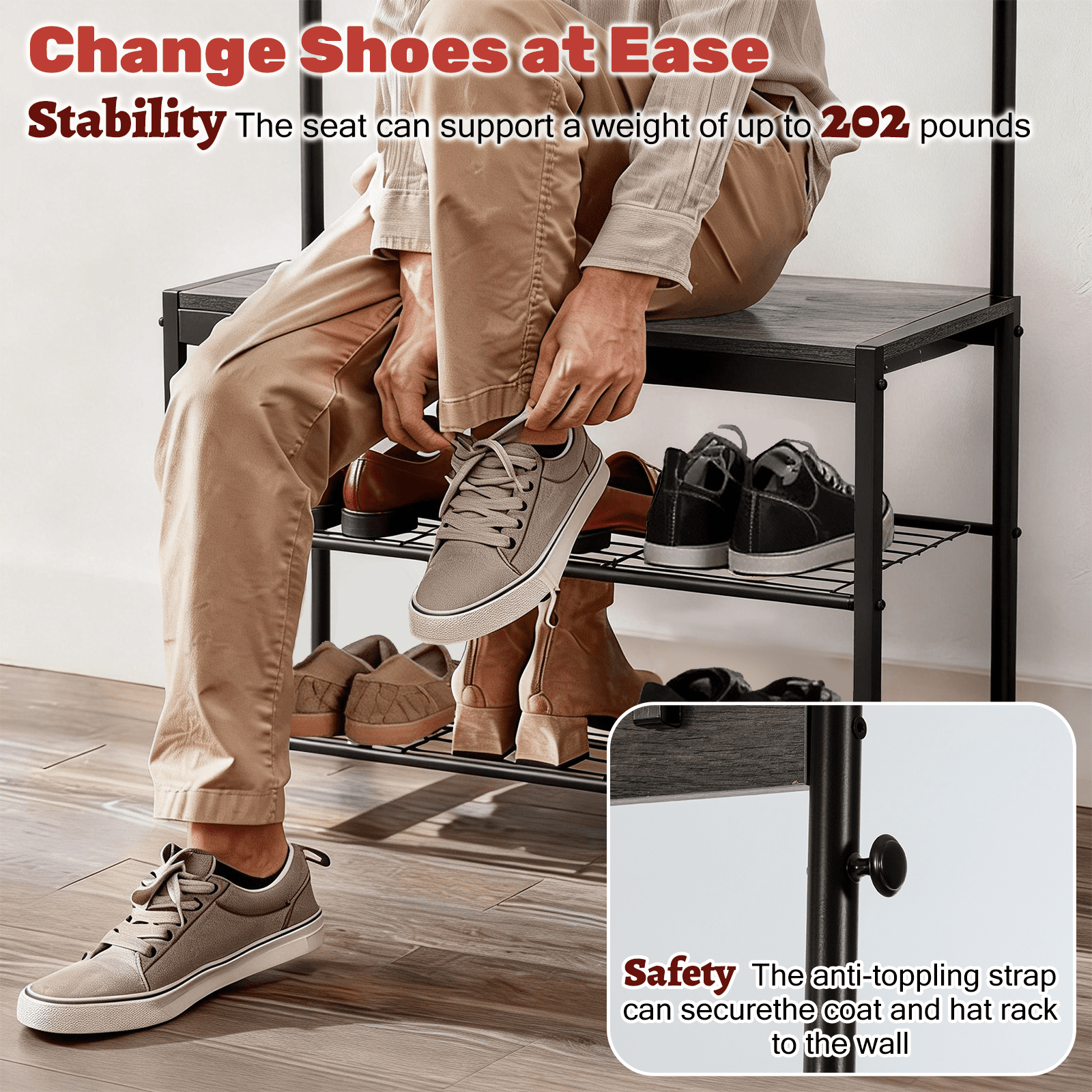 ZIVACATE Coat Rack, Hall Tree with Shoe Storage Bench, Entryway Bench with Shoe Storage, 4-in-1, Steel Frame, for Entryway, 28.35 x 13.27 x - Image 4