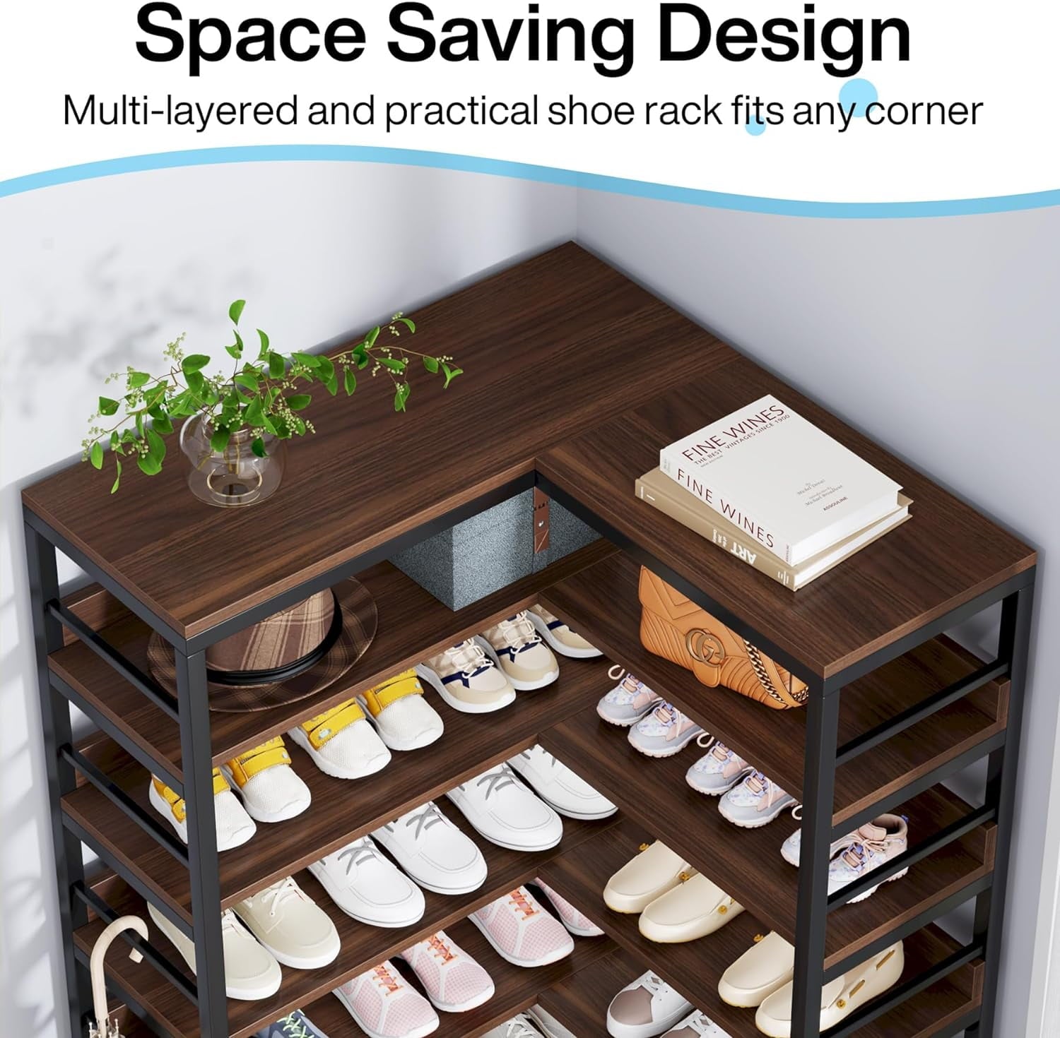 9 Tiers Corner Shoe Rack, Tall Shoe Rack Organizer, Large Shoe Storage Shelf for Entryway Hallway Closet, Rustic Brown - Image 4