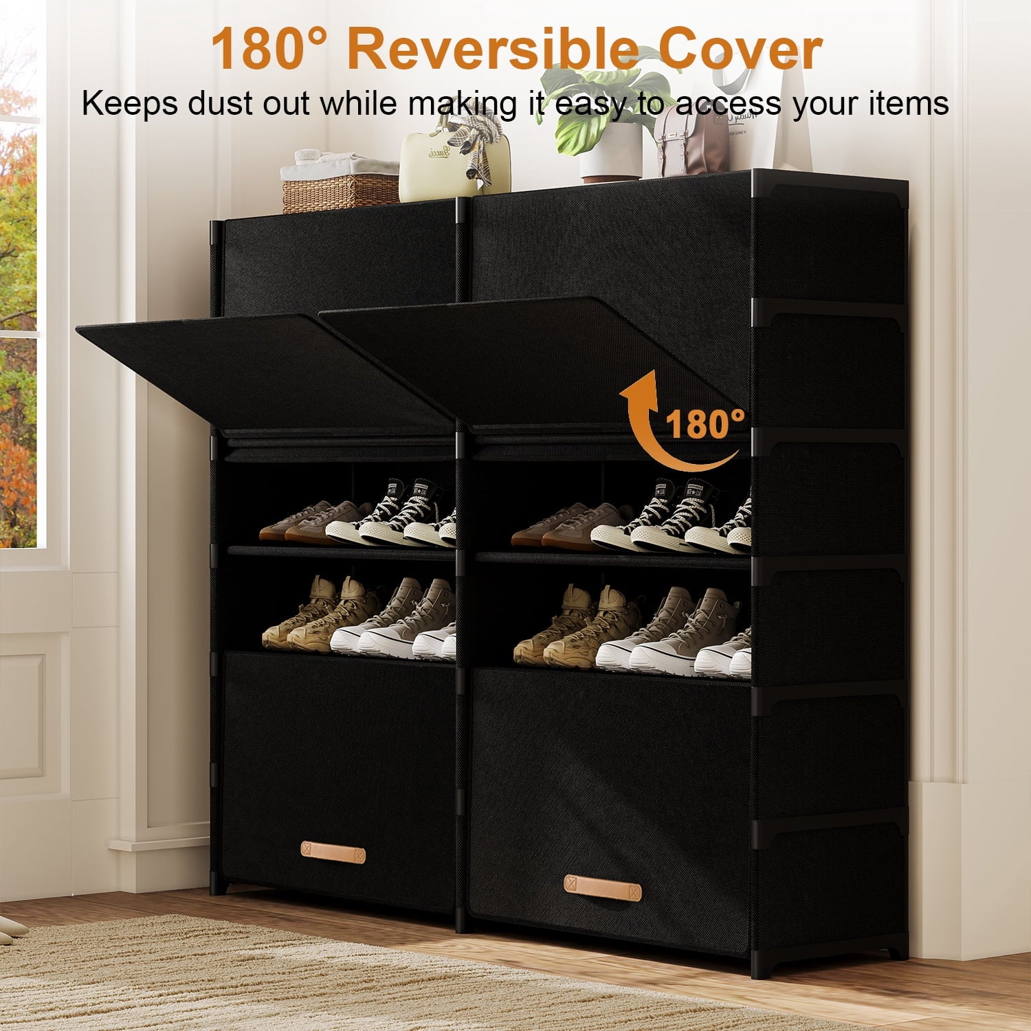 Dovied 7 Tier Double Shoe Rack with Covers Shoe Storage Organizer Holds 42 Pairs for Closet Entryway Hallway, Black - Image 5