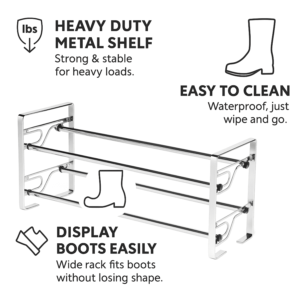 USTECH 2-Tier Metal Shoe Rack, Chrome Adjustable Shoe Storage Organizer with Slide-and-Adjust Shelves, Space-Saving Design, Easy Setup - Image 2