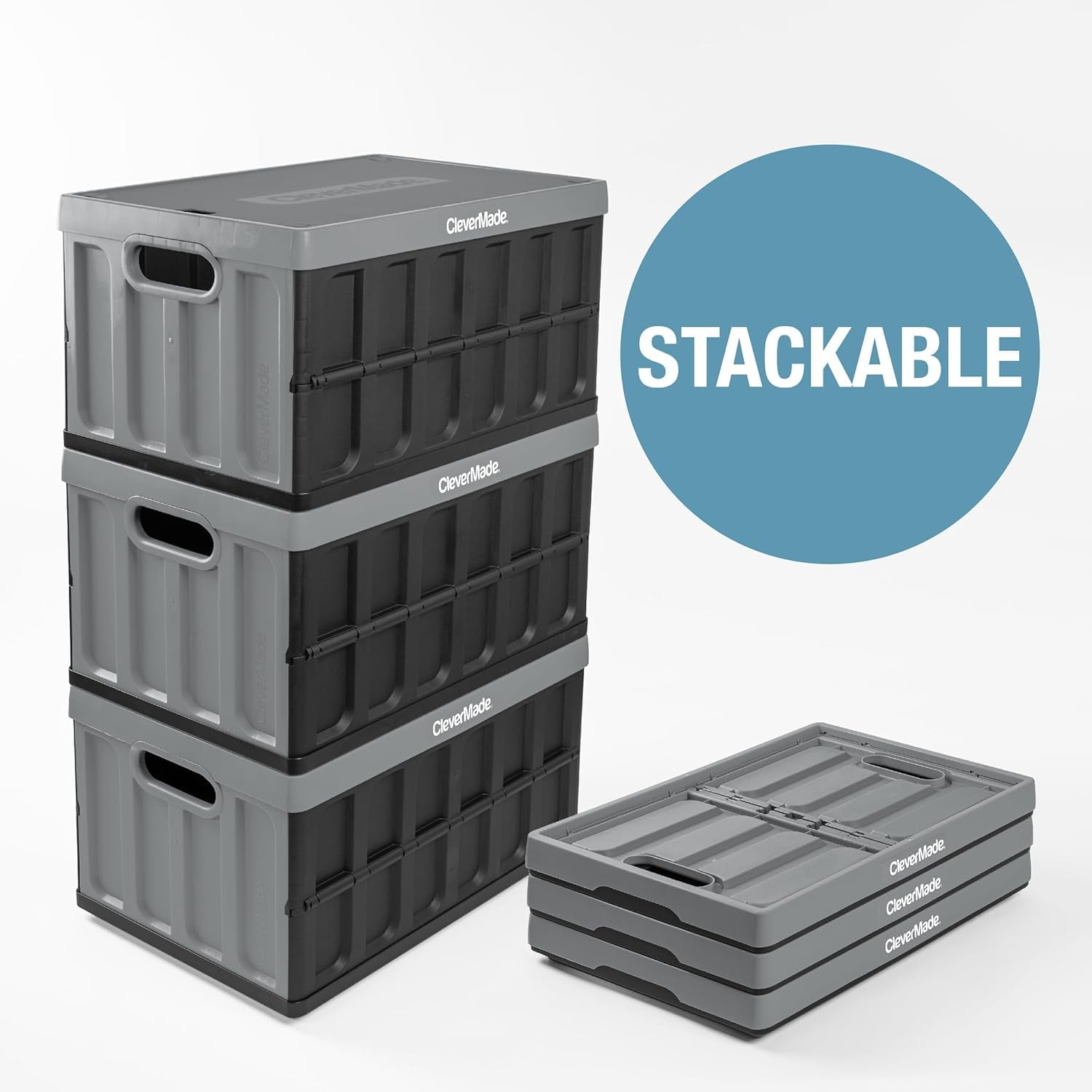 Stackable Collapsible Storage Bin (with Lids), 16 Gal, Stone - Image 4