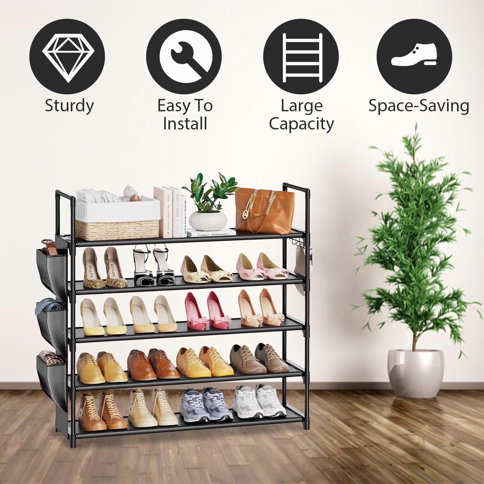 5-Tier Shoe Rack for Closet & Entryway, Heavy Duty Metal Shoe Organizer, 34" Tall, Black - Holds 20-25 Pairs, Space-S... - Image 6