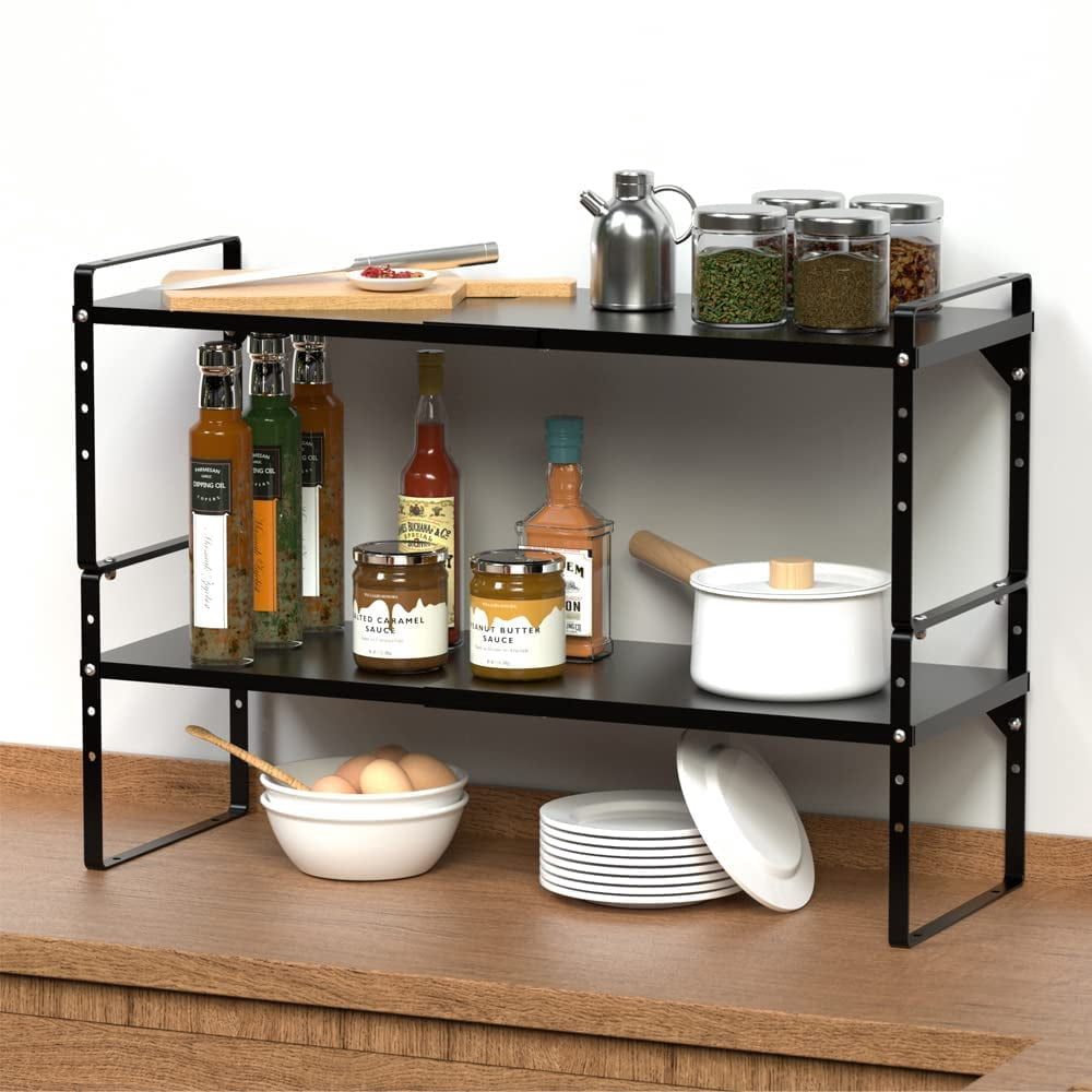 SANNO Expandable Cabinet Cupboard Organizer, Stackable Pantry Organizer Cupboard Stand Spice Rack, Large Cabinet Counter Pantry Shelf , Blac - Image 4