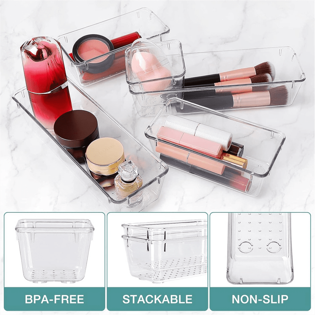 16-Piece Set, 5 Different Sized Bathroom and Kitchen Storage Trays, Transparent Storage Boxes - Image 5
