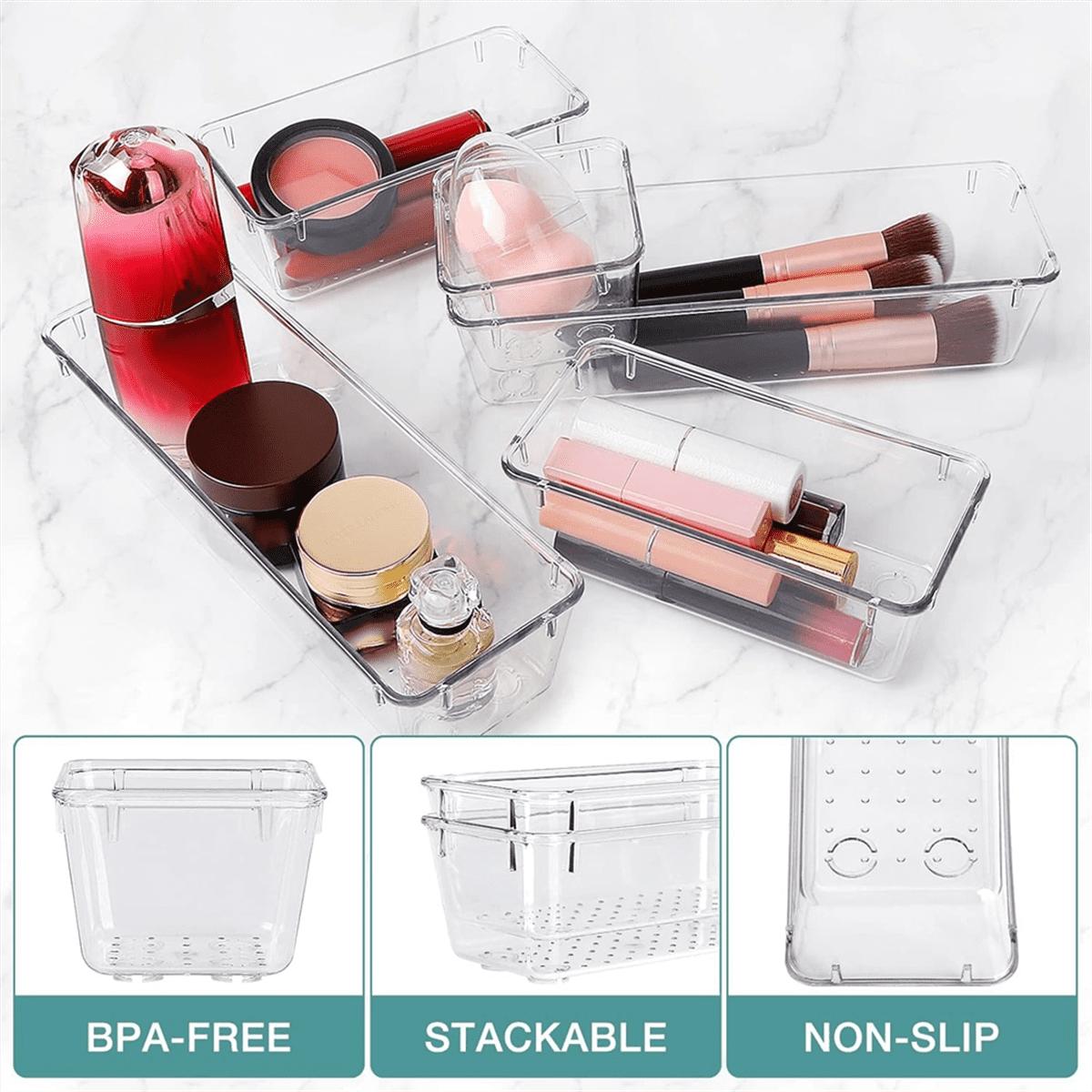 16-Piece Set, 5 Different Sized Bathroom and Kitchen Storage Trays, Transparent Storage Boxes - Image 5