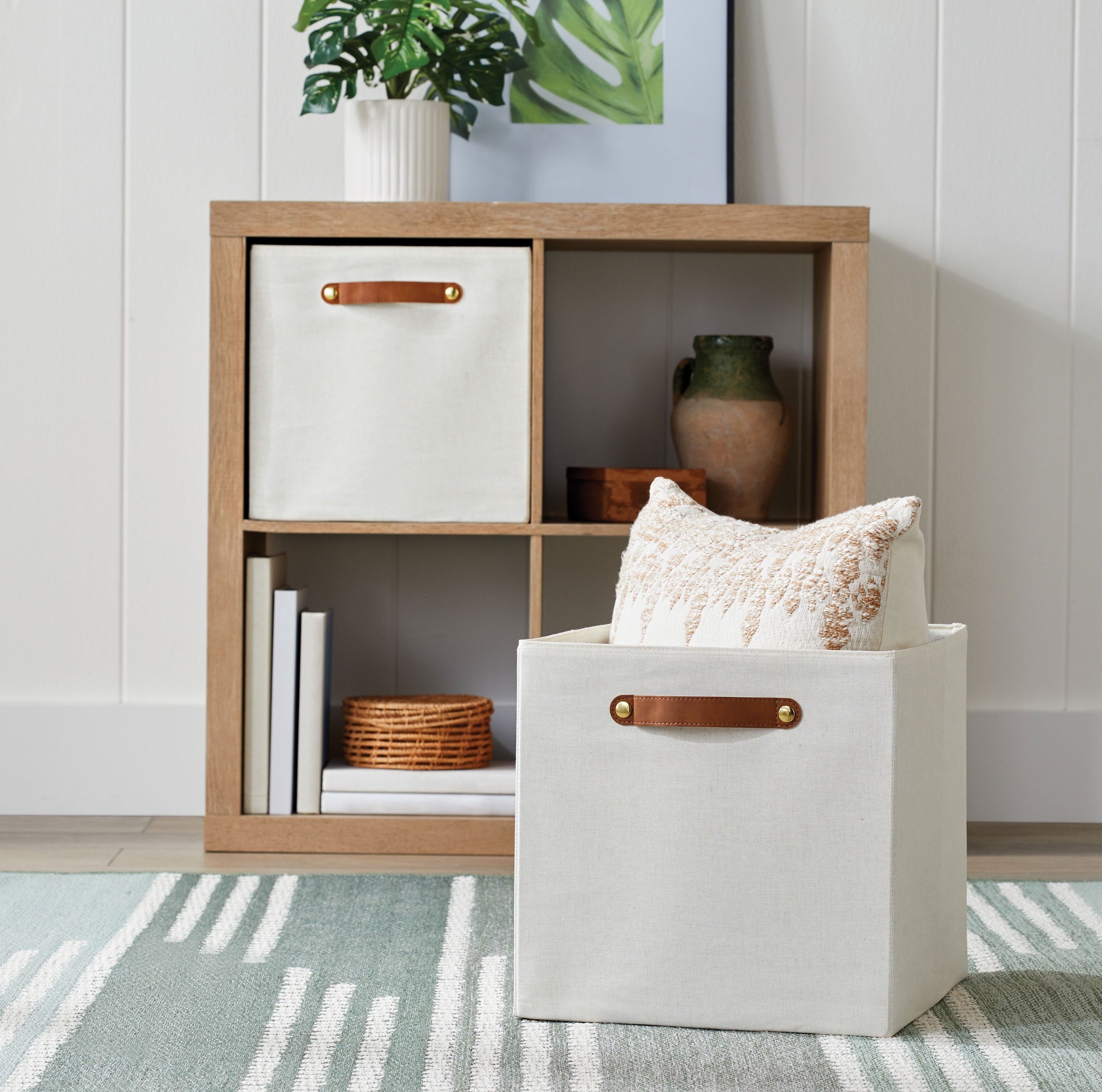 Better Homes & Gardens Fabric Cube Storage Bins (12.75" x 12.75"), Vanilla with Leather Handle, 2 Pack - Image 3