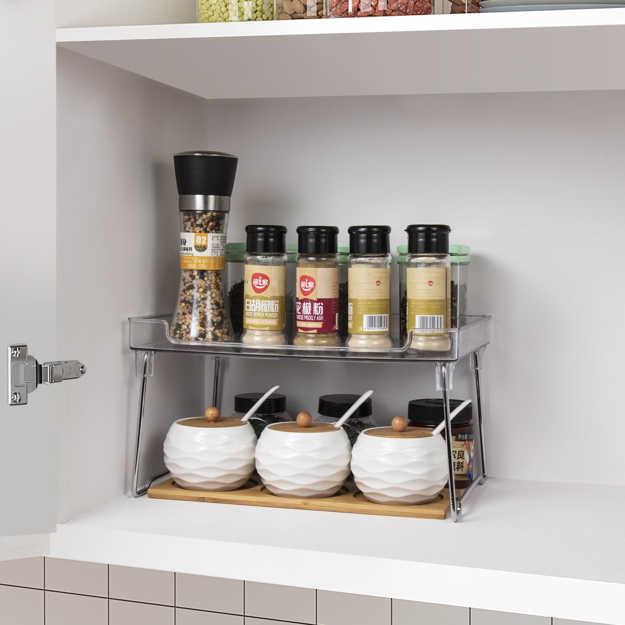 Cabinet Organizers Shelf, Pantry Storage Shelf with Raised Edges and Foldable Legs, Clear - Image 2