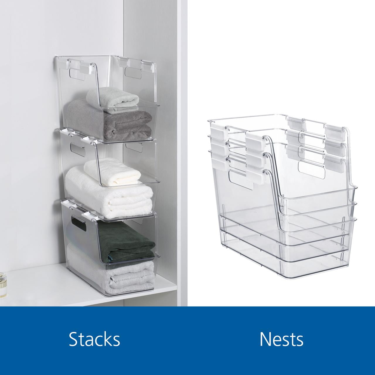 Small Clear Plastic Stackable Bin for Closet with White Latches - Image 4