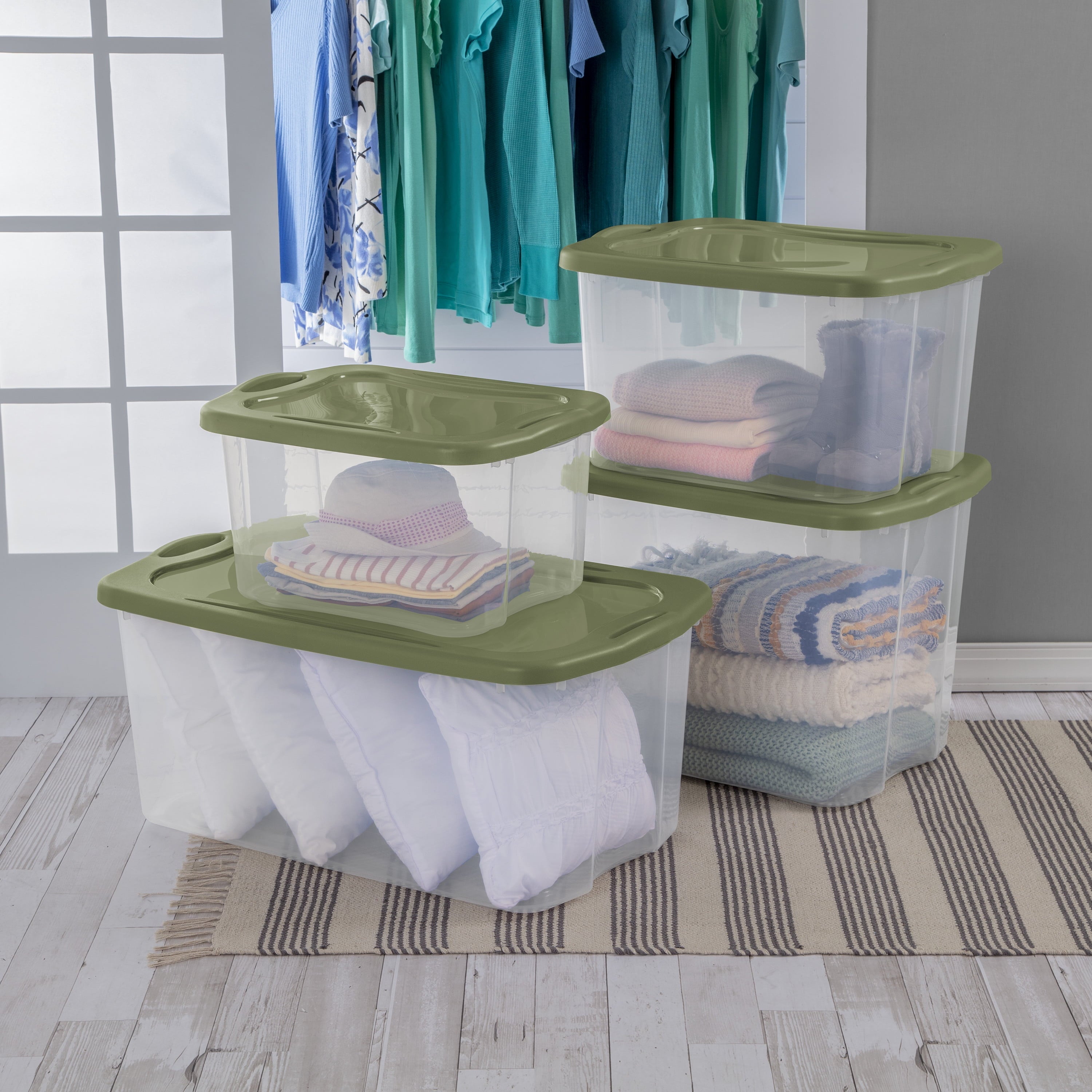 EZ Carry 120 Quart Extra-Large Storage Bin, Clear Plastic Storage Container with Full-Grip Handles, Green - Image 3