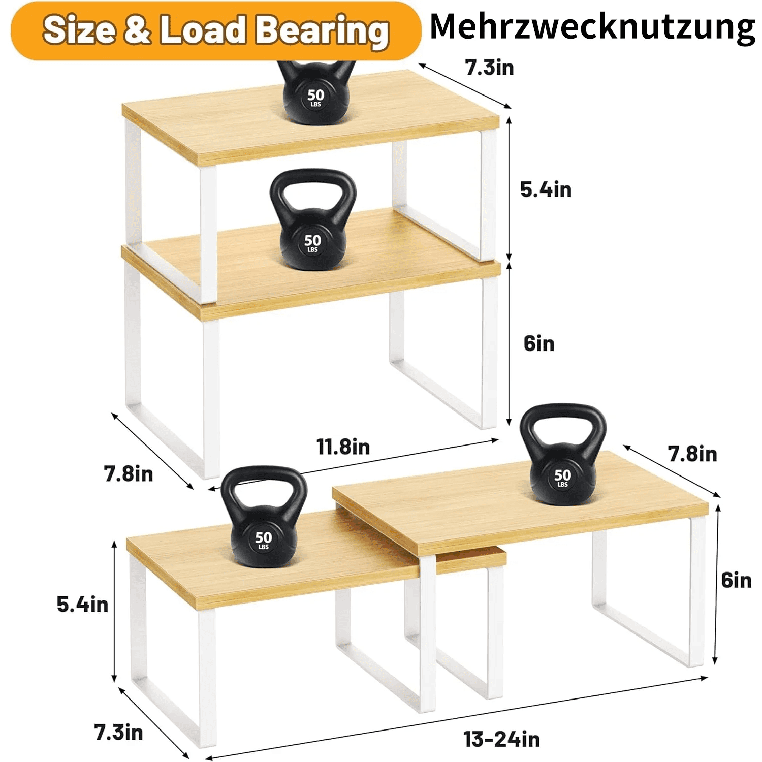 Bamboo & White 2-Tier Expandable Counter Shelf Organizer  Space-Saving Storage for Kitchen, Bathroom, Office & More - Image 4
