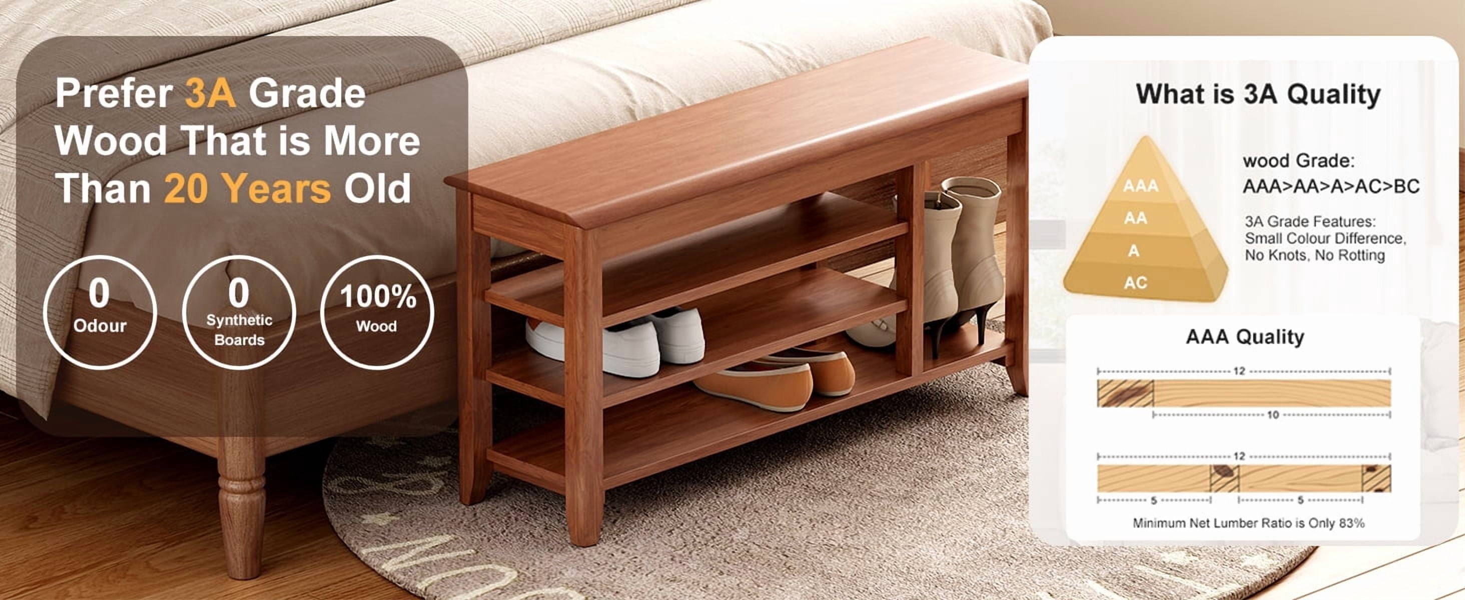 Solid Wood Shoe Rack with Storage Bench 100 Percent Wooden Entryway Hallway Organizer 550 LBS Load Bearing Capacity for Boots Walnut Finish - Image 3