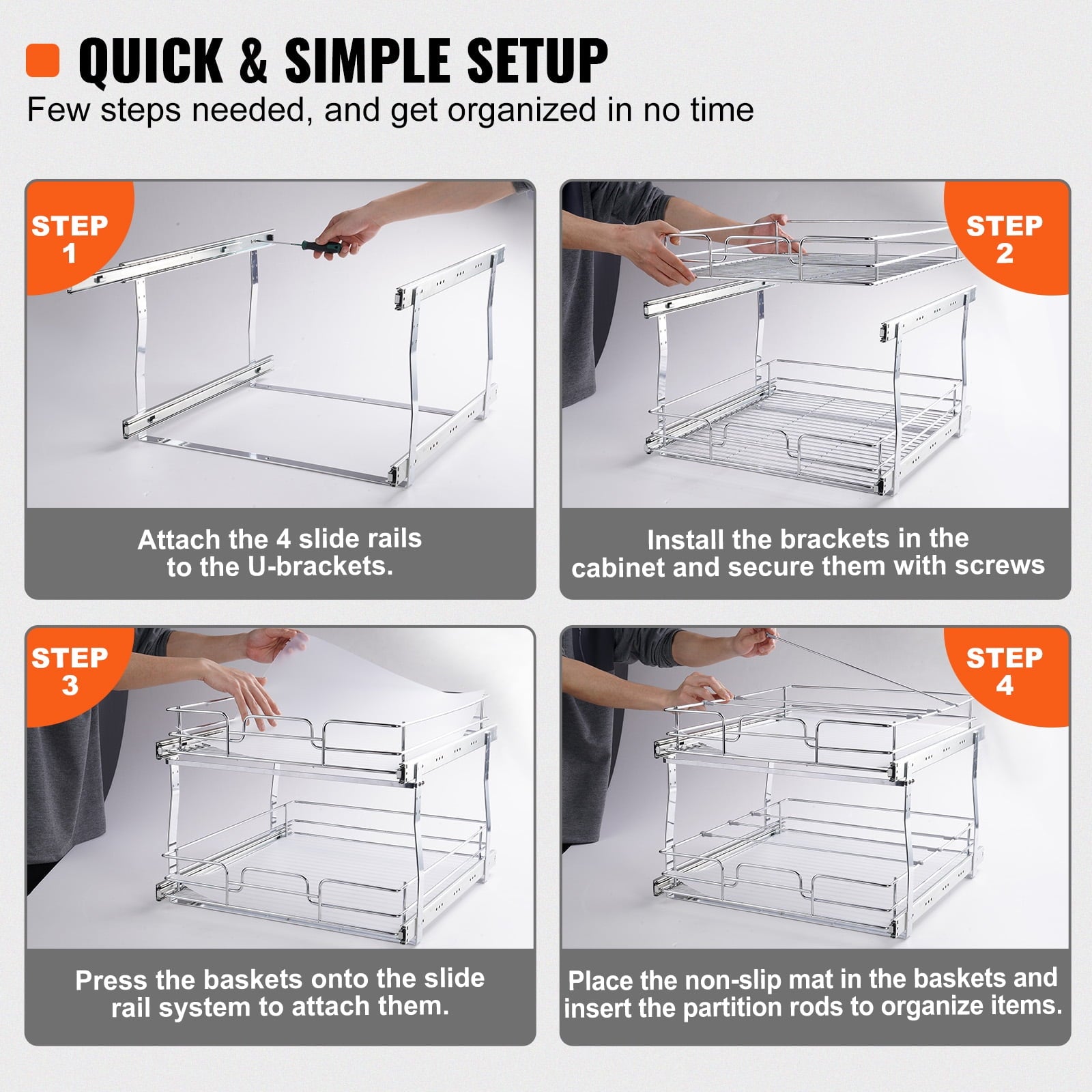 KFFKFF16"W x 21"D Pull Out Cabinet Organizer,  2 Layer Slide Out Drawers with Chrome Finish, Cabinet Organization for Kitchen Cabinet, Bathr - Image 3