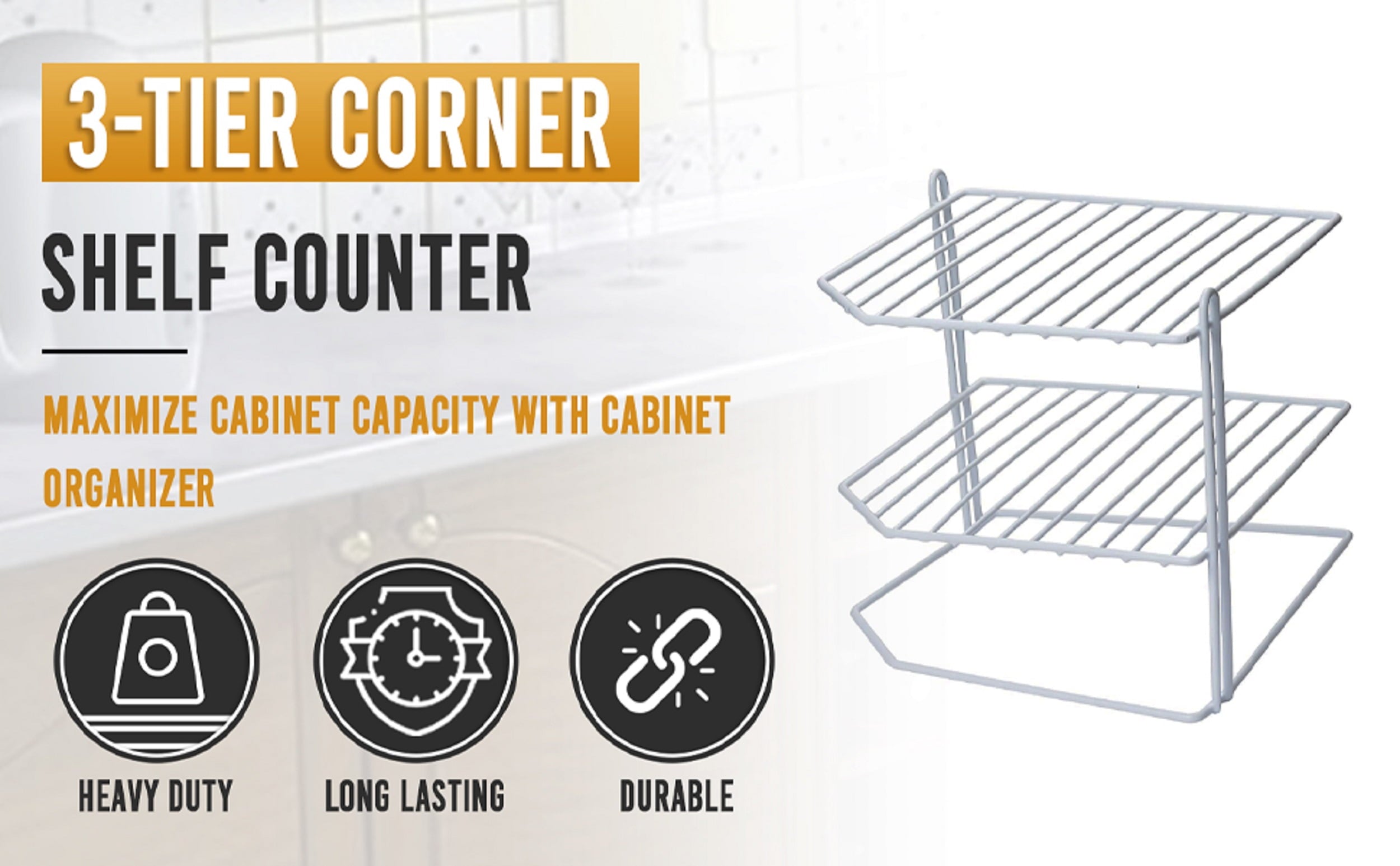 3-Tier Corner Shelf Counter and Cabinet Organizer, White 2215 - Image 2