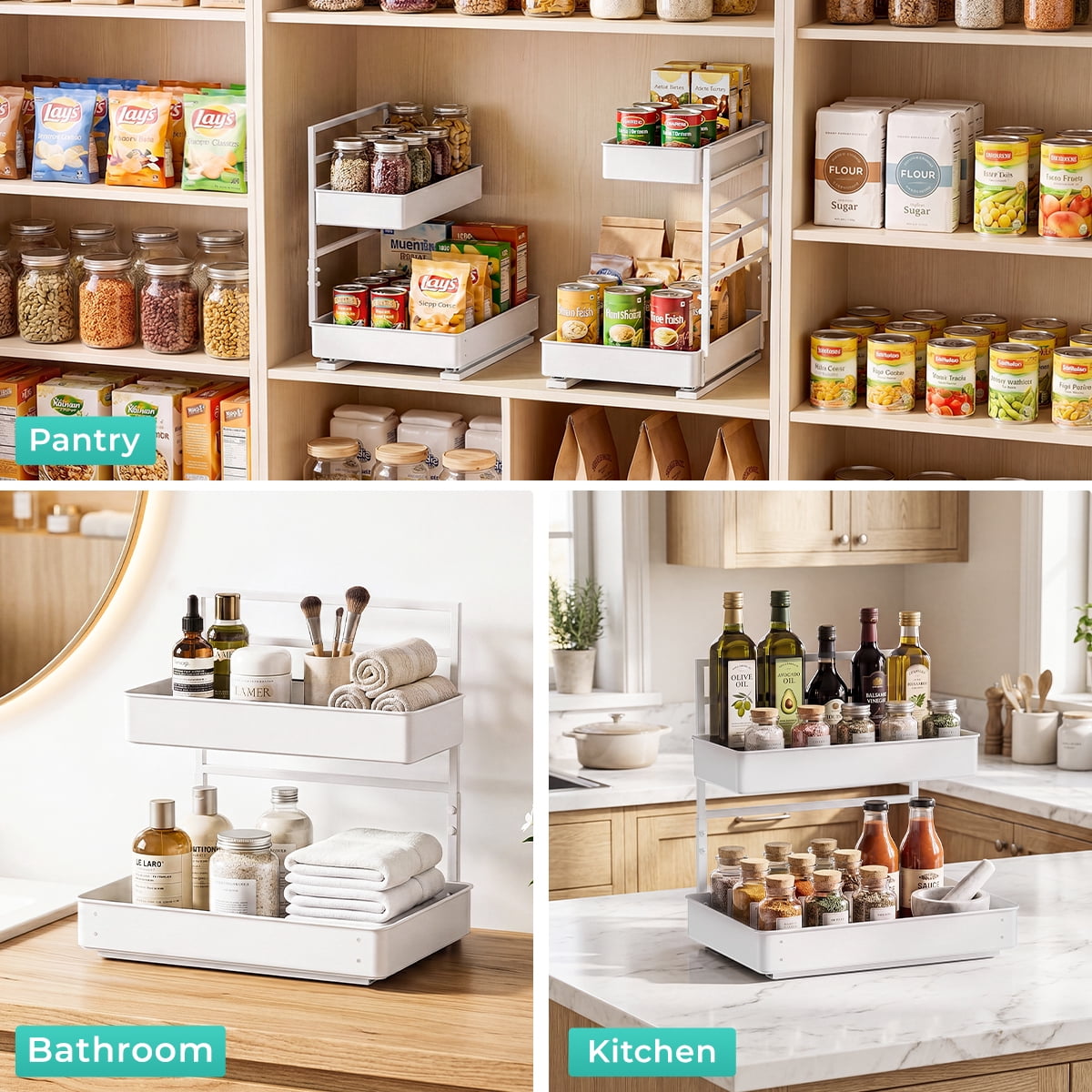 Adjustable 2-Tier Pull Out Under Sink Organizer Big Capacity Heavy Duty Metal Slide Shelf for Kitchen Bathroom Cabine... - Image 5