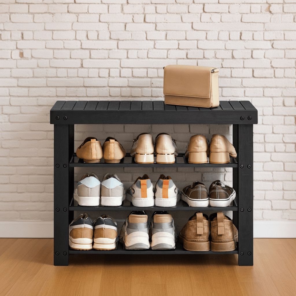 3-Tier Bamboo Shoe Storage Bench, Entryway Organizer with Seating, for Living Room, Bathroom, Bedroom, 27.6" W, Ink B... - Image 4