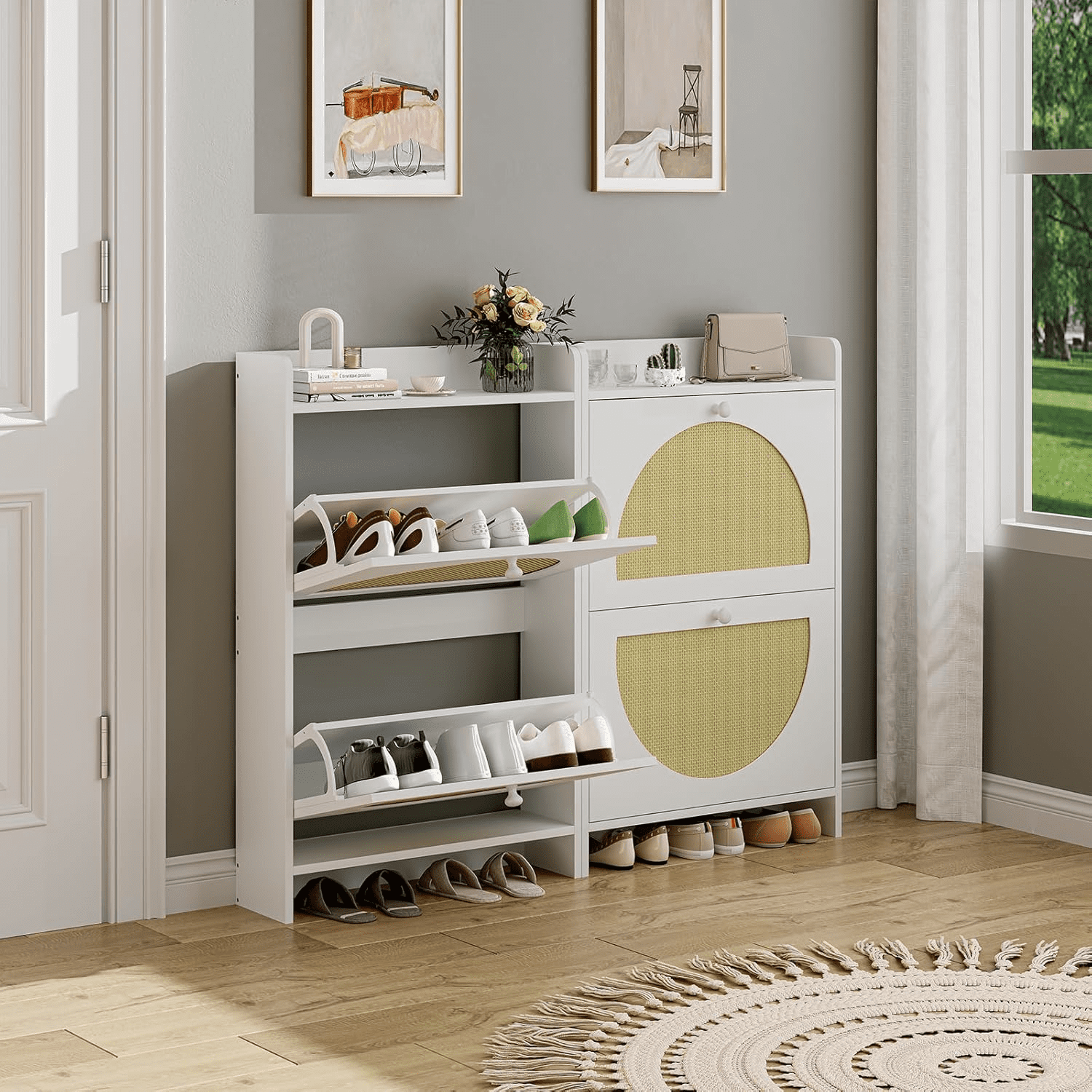 with 2 Flip Drawers, Rattan Door Storage Organizer for Entryway, Free-Standing , White - Image 4