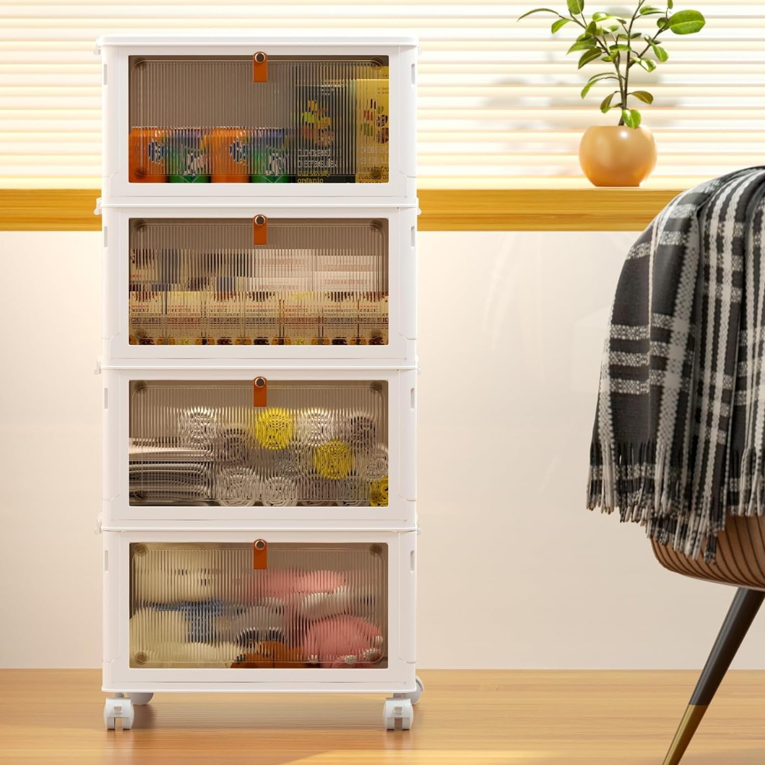 OKENTEN Rolling Wheeled Plastic Storage Bins with Lid, 4-Tier Stackable Folding Storage Containers, 92 Qt Capacity - Image 3