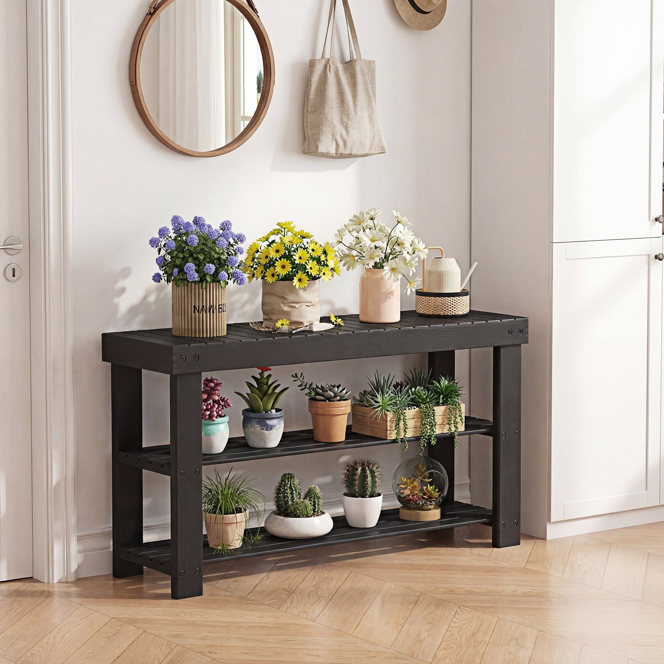CONCETTA 19-In Bamboo Shoe Rack & Bench, 3-Tier 280 lb Capacity Storage Organizer for Entryway, Living Room, Balcony, Black - Image 3