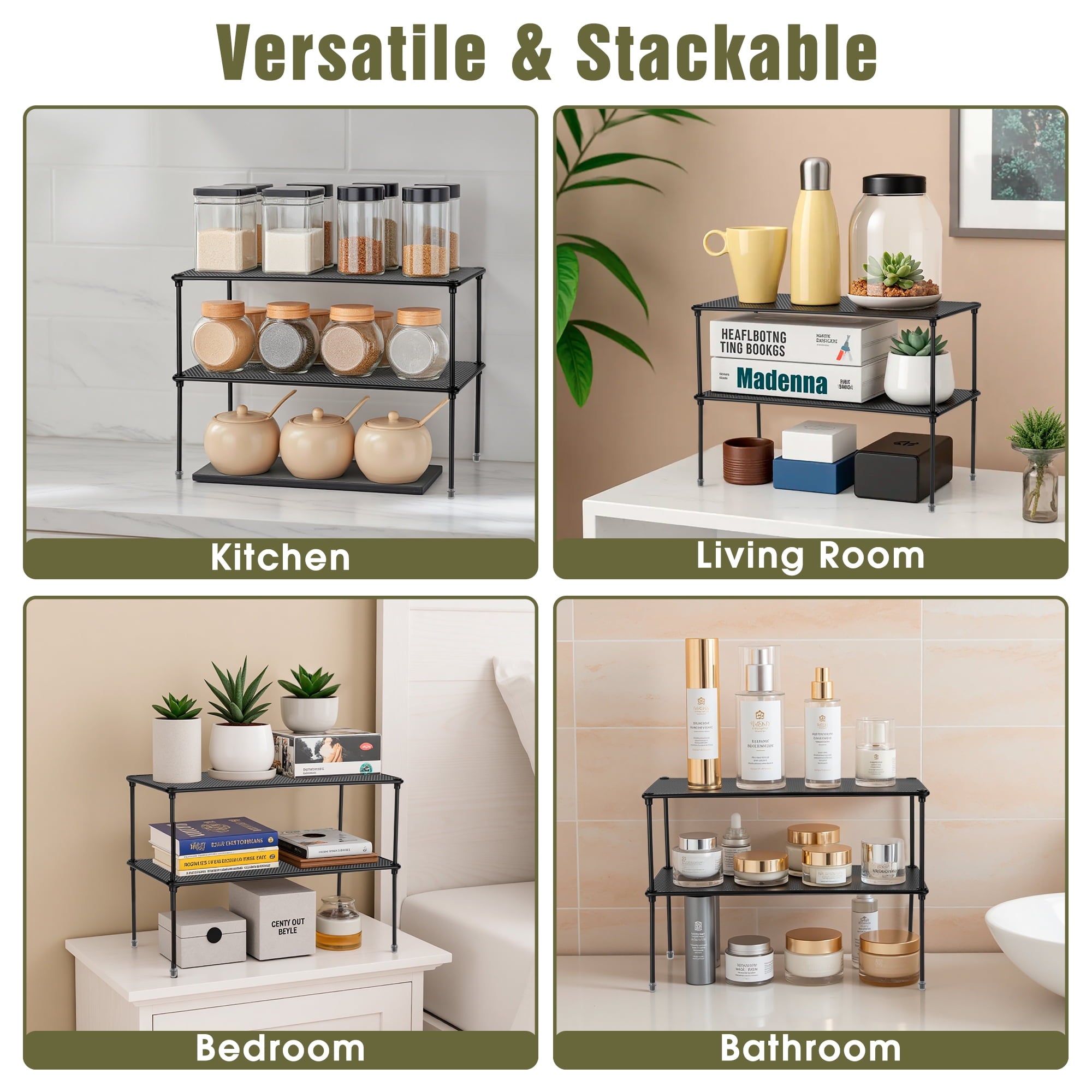 Cabinet Organizers Shelf, Kitchen Stackable Storage Rack for Spice, Plate, Black, 2 Count - Image 5