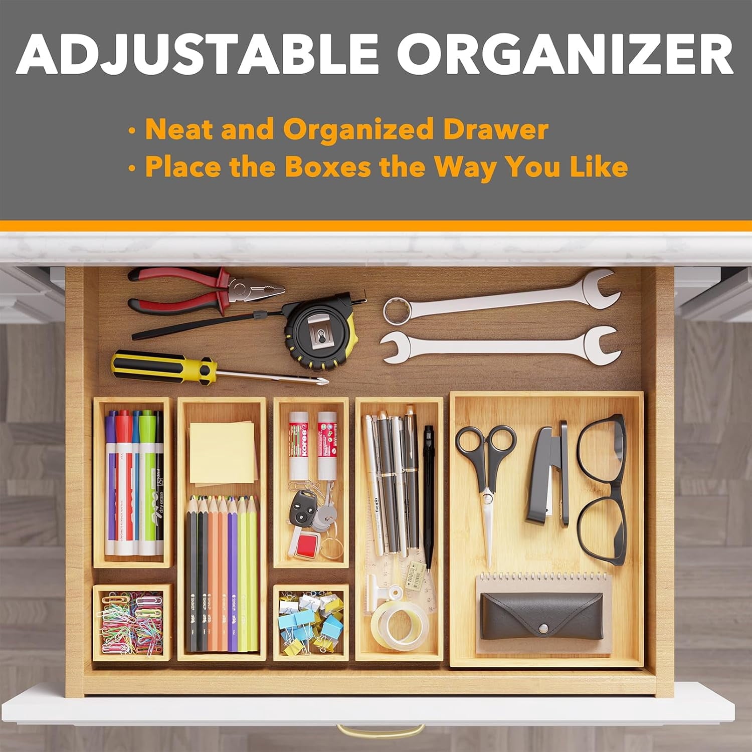 SpaceAid Bamboo Drawer Organizer Storage Boxes Set(7 Pack, Natural) - Image 5