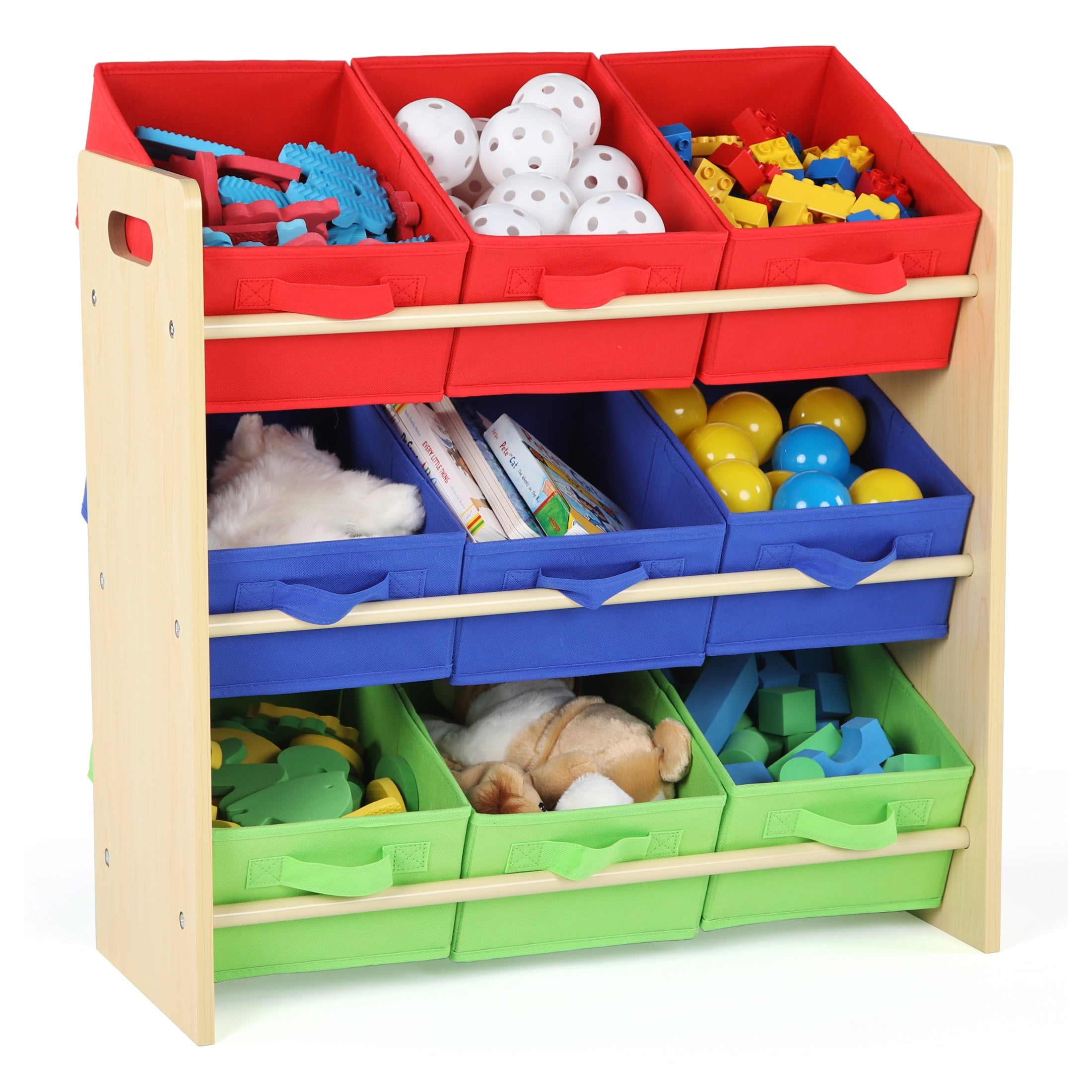 Kids Toy Organizer with 9 Fabric Storage Bins, Natural/Primary - Image 3