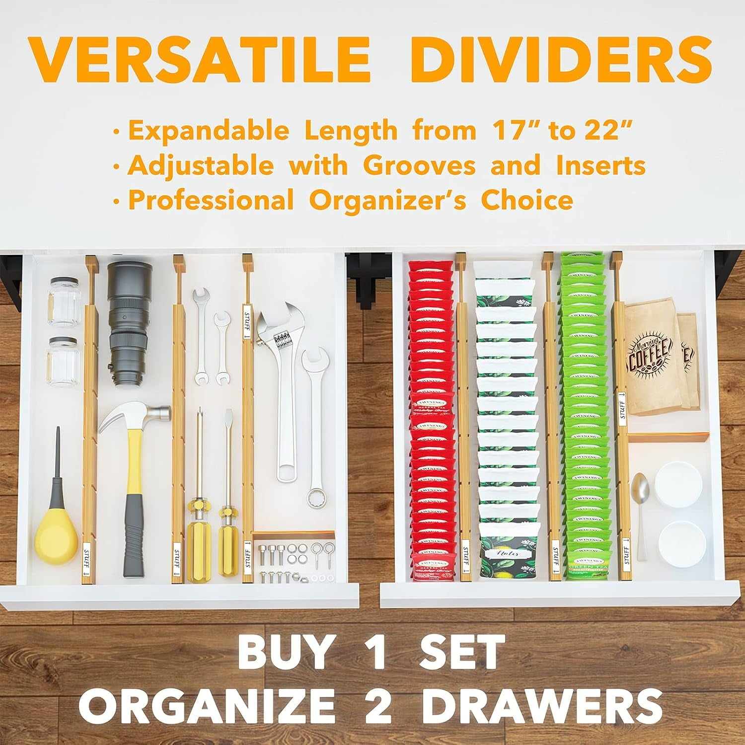 Bamboo Drawer Dividers with Inserts and Labels, Kitchen Adjustable Drawer Organizers, 6 Dividers with 12 Inserts (17-... - Image 4