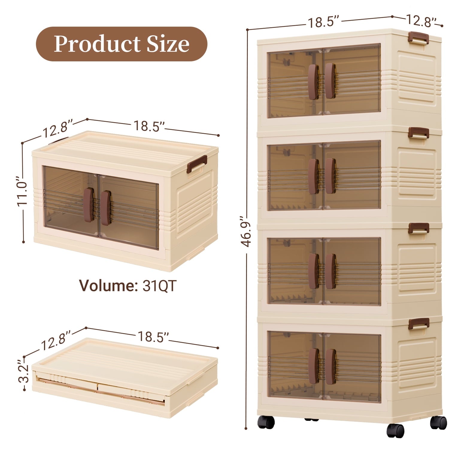 TINANA Plastic Storage Bins with Lids, 4 Tier 124QT Stackable Storage Containers with Wheels, Folding Closet Organizers for Living Room, Off - Image 3