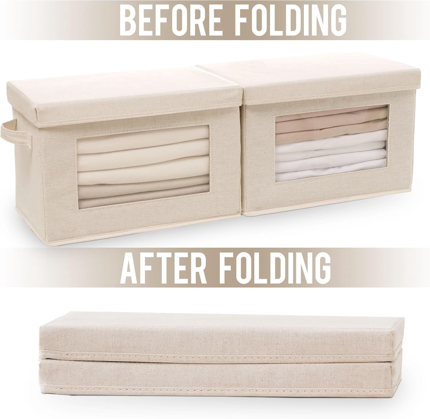 Citylife Collapsible Fabric Storage Bin With Handle Lid Large Foldable Box Basket For Closet 15"×9.8"×9.8" 3 Pack Beige - Image 5
