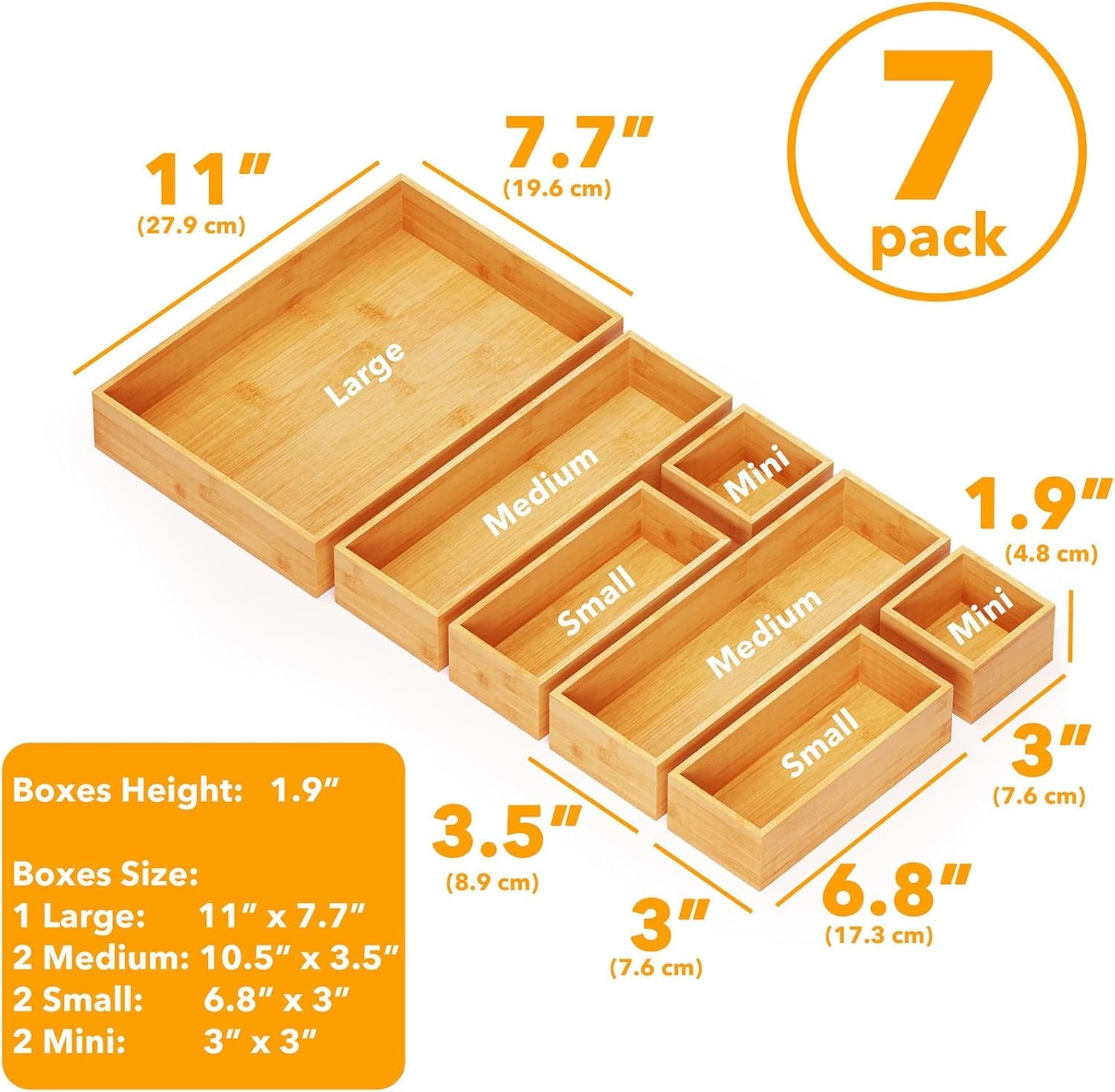 SpaceAid Bamboo Drawer Organizer Storage Boxes Set(7 Pack, Natural) - Image 2