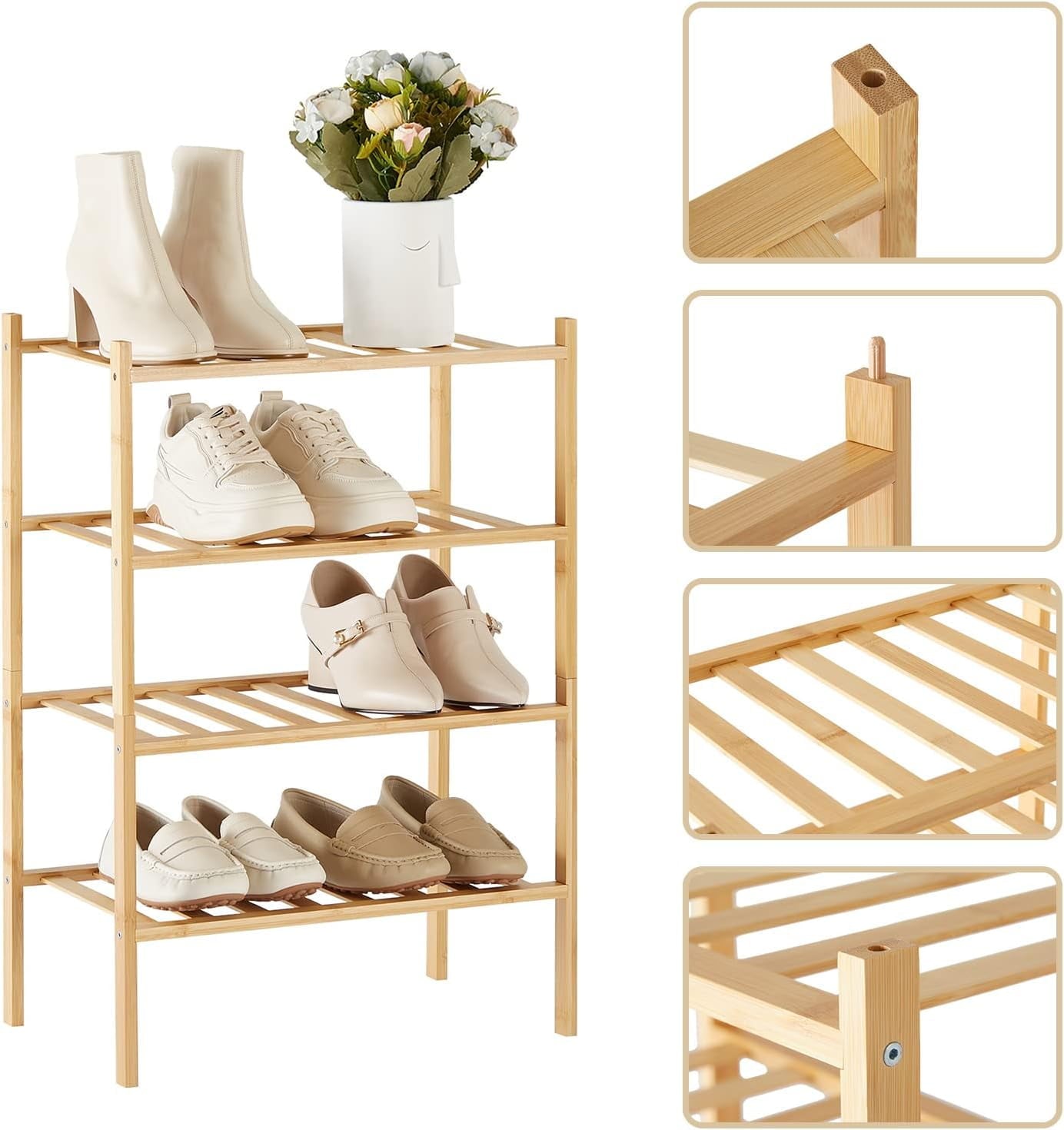 Shoe Rack for Entryway Closet 4 Tier Narrow Shoe Rack Stackable Organizer Storage Bamboo Shoe Rack Vertical Small Sho... - Image 3