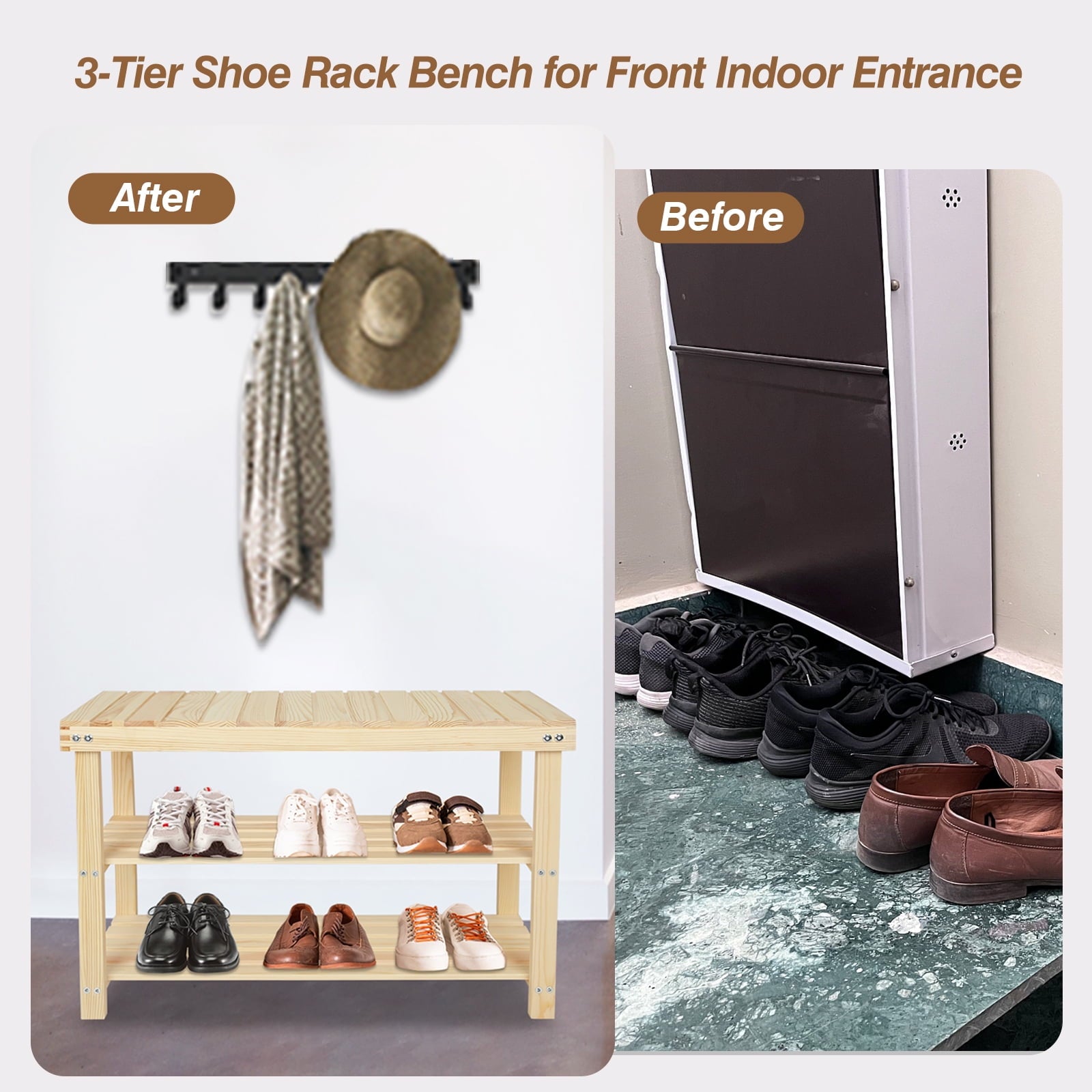 27.5" Solid Wood Shoe Bench, 3-Tier Shoe Organizer for Entryway Hallway - Wood Color - Image 4