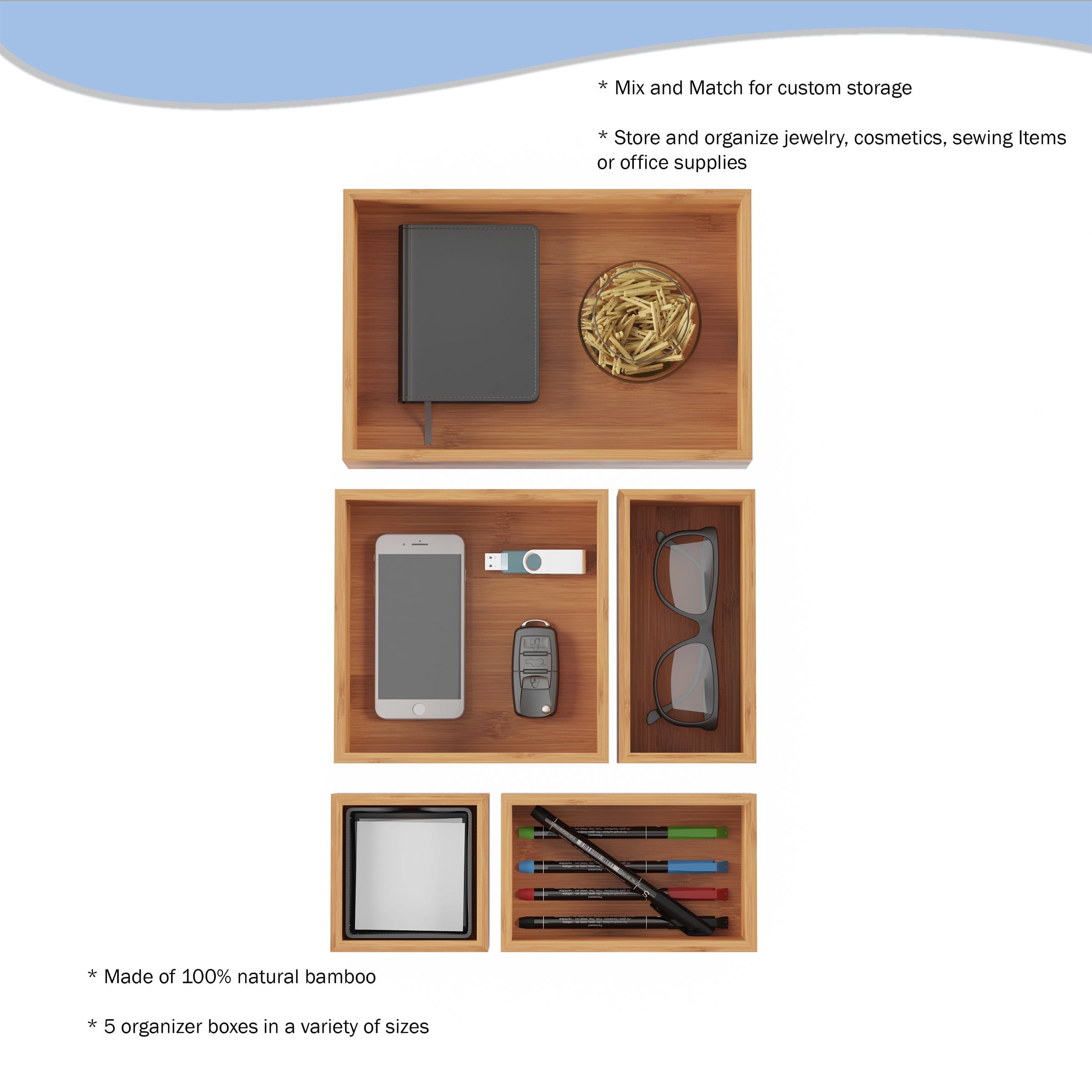 Lavish Home 5-Compartment Modular Bamboo Drawer Organizer for Home Storage - Image 3