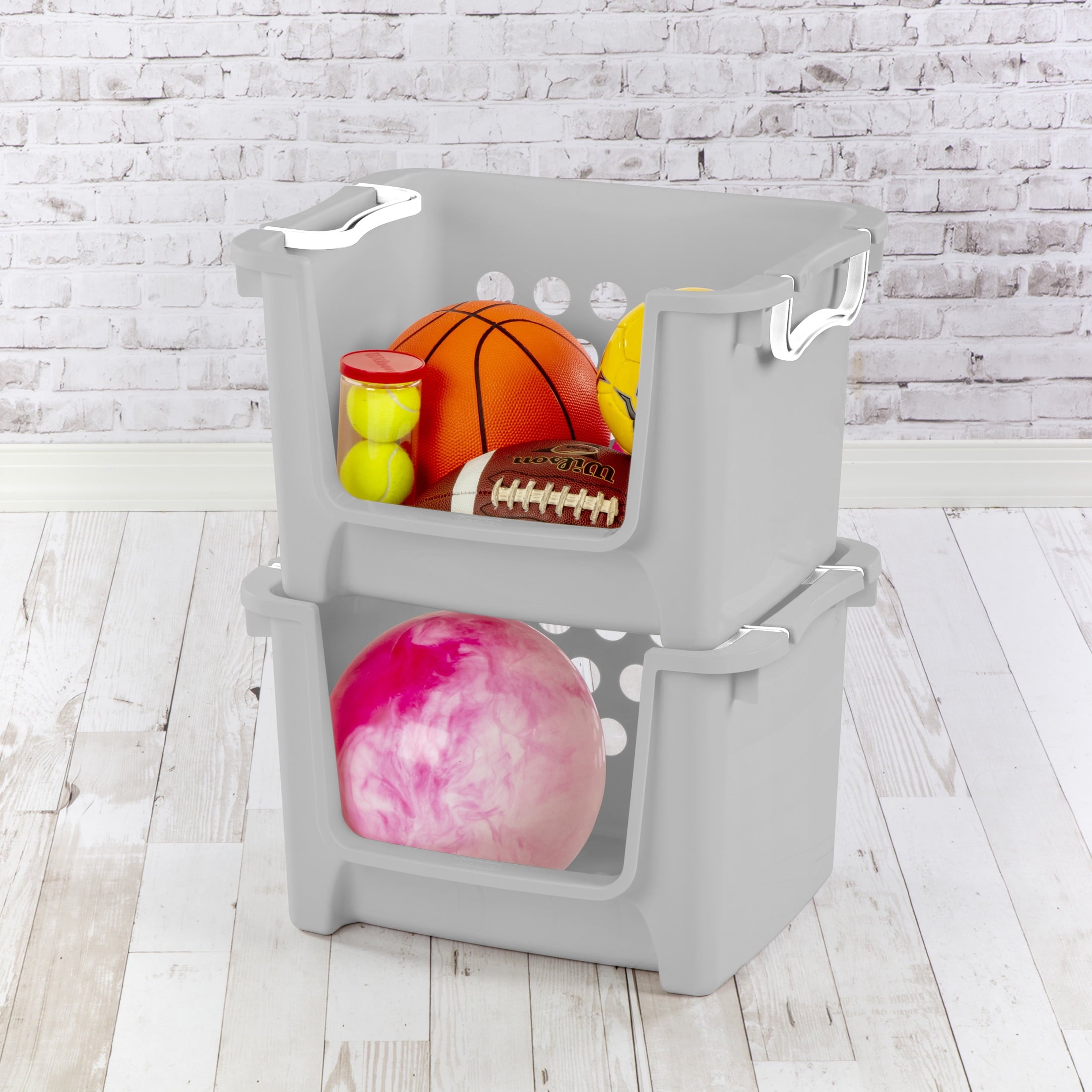 Kids Grey Open Front Stacking Toy Storage Bin with Handles, Grey - Image 5