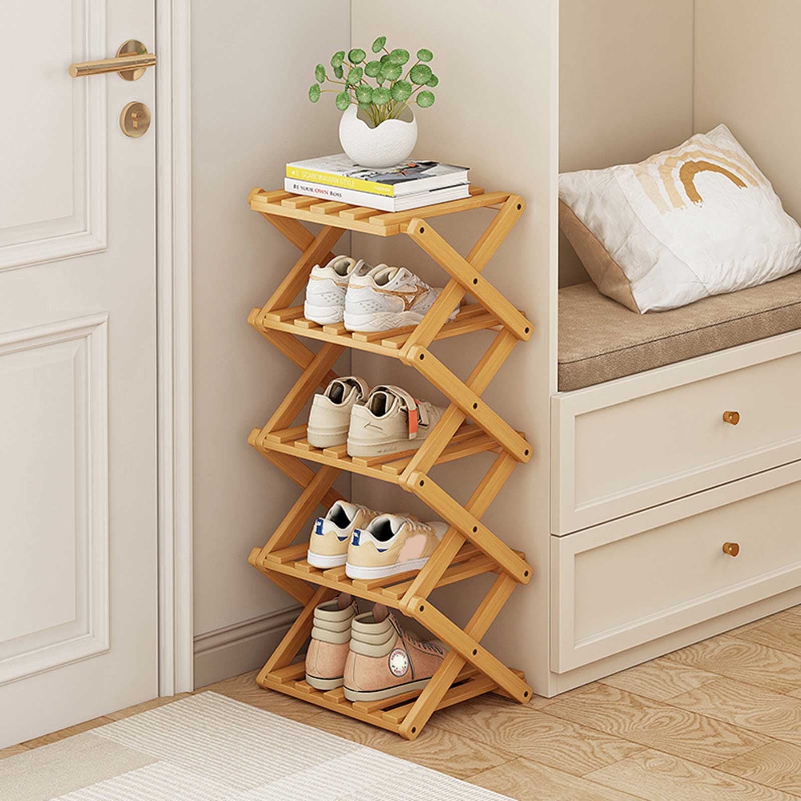 5 Layers Shoe Rack, Bamboo Foldable Shoes Organizer Free Standing Shelf for Entryway, Closet, Bedroom, Hallway, Witho... - Image 5