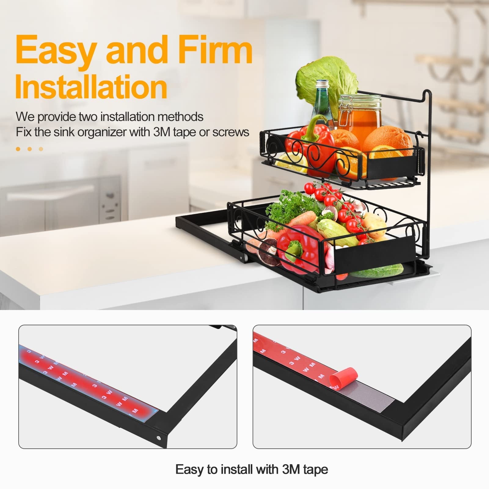 Bathroom Metal Under Sink Organizer, Kitchen Pull Out Counter Sliding Drawer Shelf, Black - Image 3