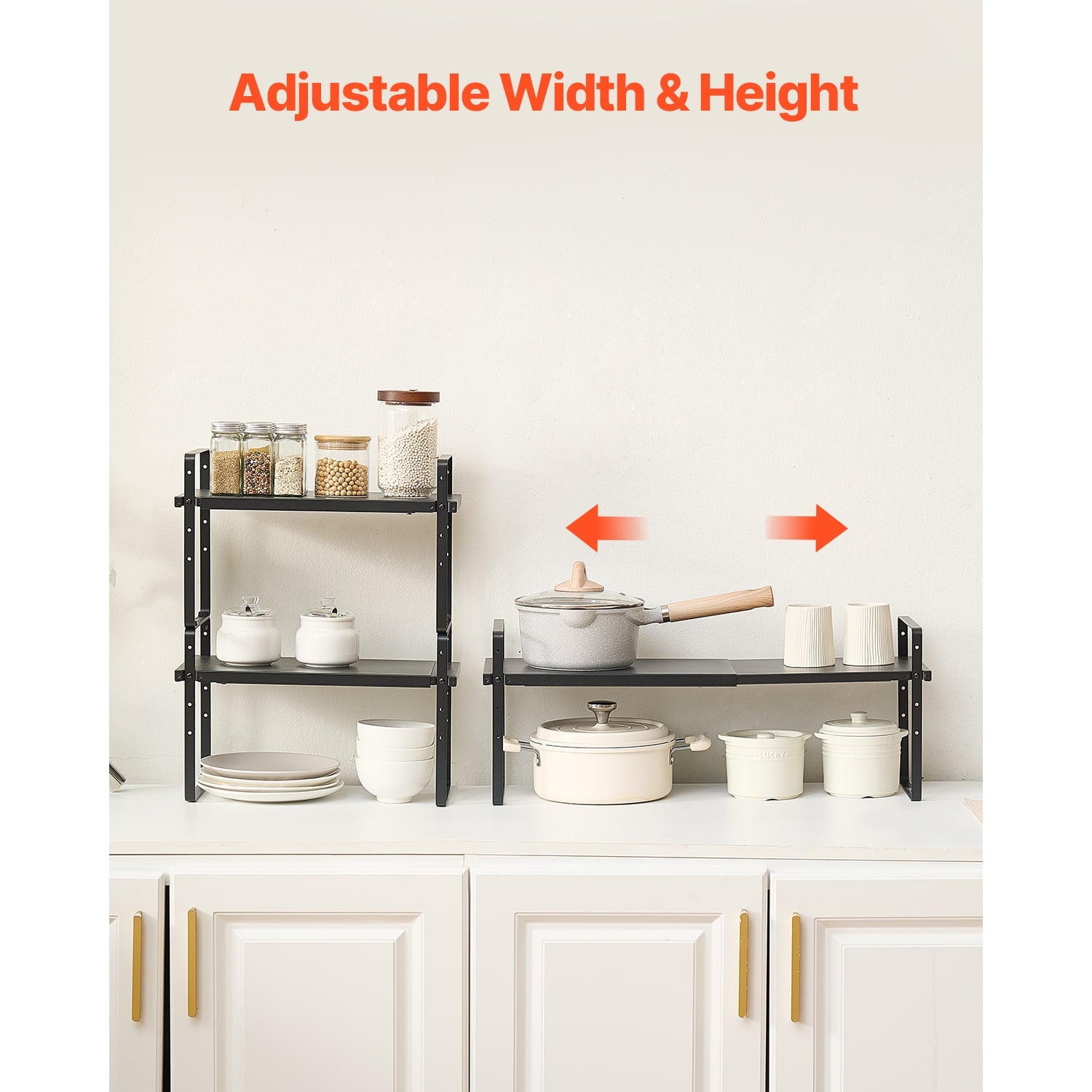 KFFKFF Flexible Kitchen Cabinet Storage, 2 Level Expandable Cabinet Organizer, Stackable Shelf for Countertop Storage, Shelf Elevators for K - Image 3