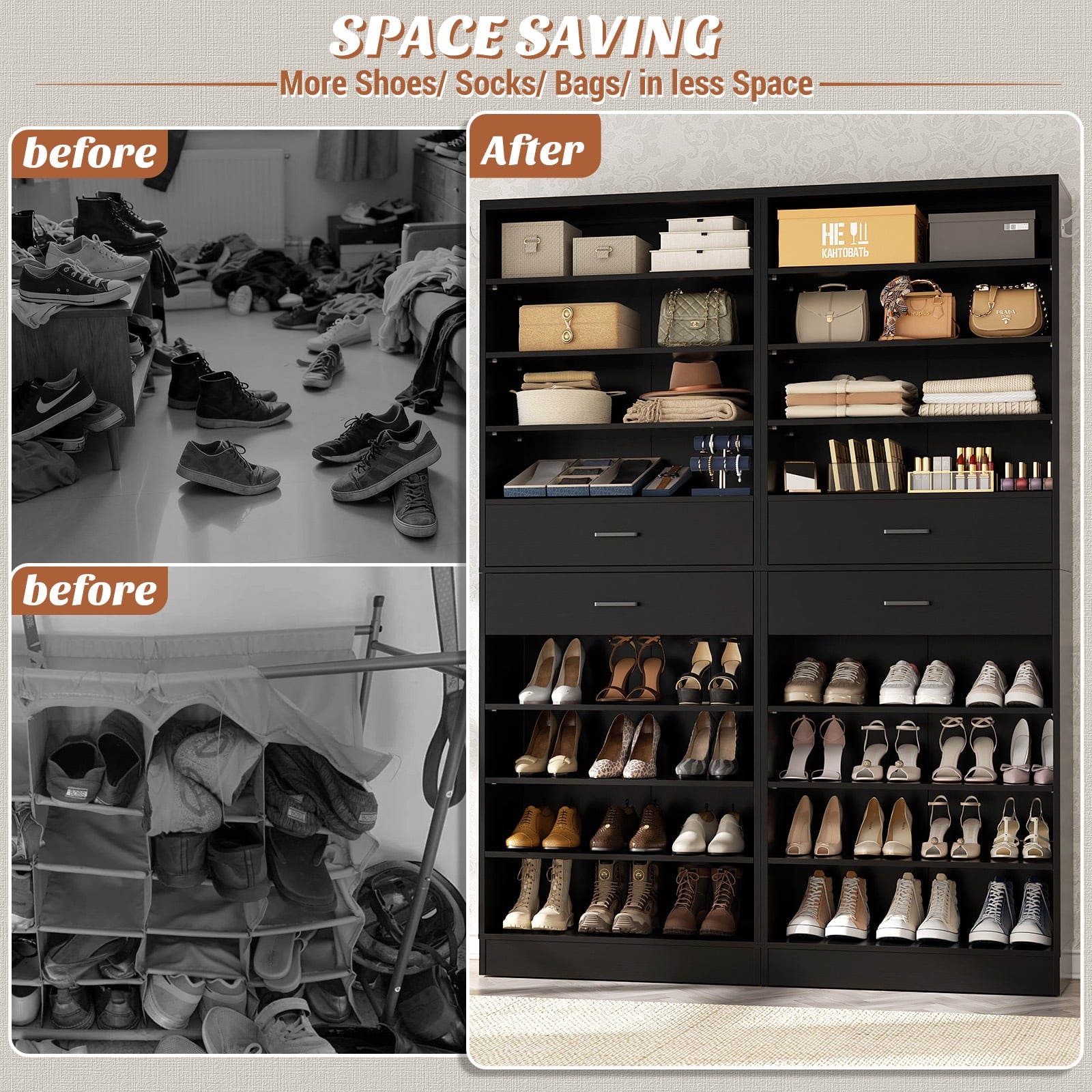 2-Pack 10-Tier Shoe Cabinet Set with 4 Drawers, 65cm Width Freestanding Organizer – for Entryway, Bedroom, Living Roo... - Image 2